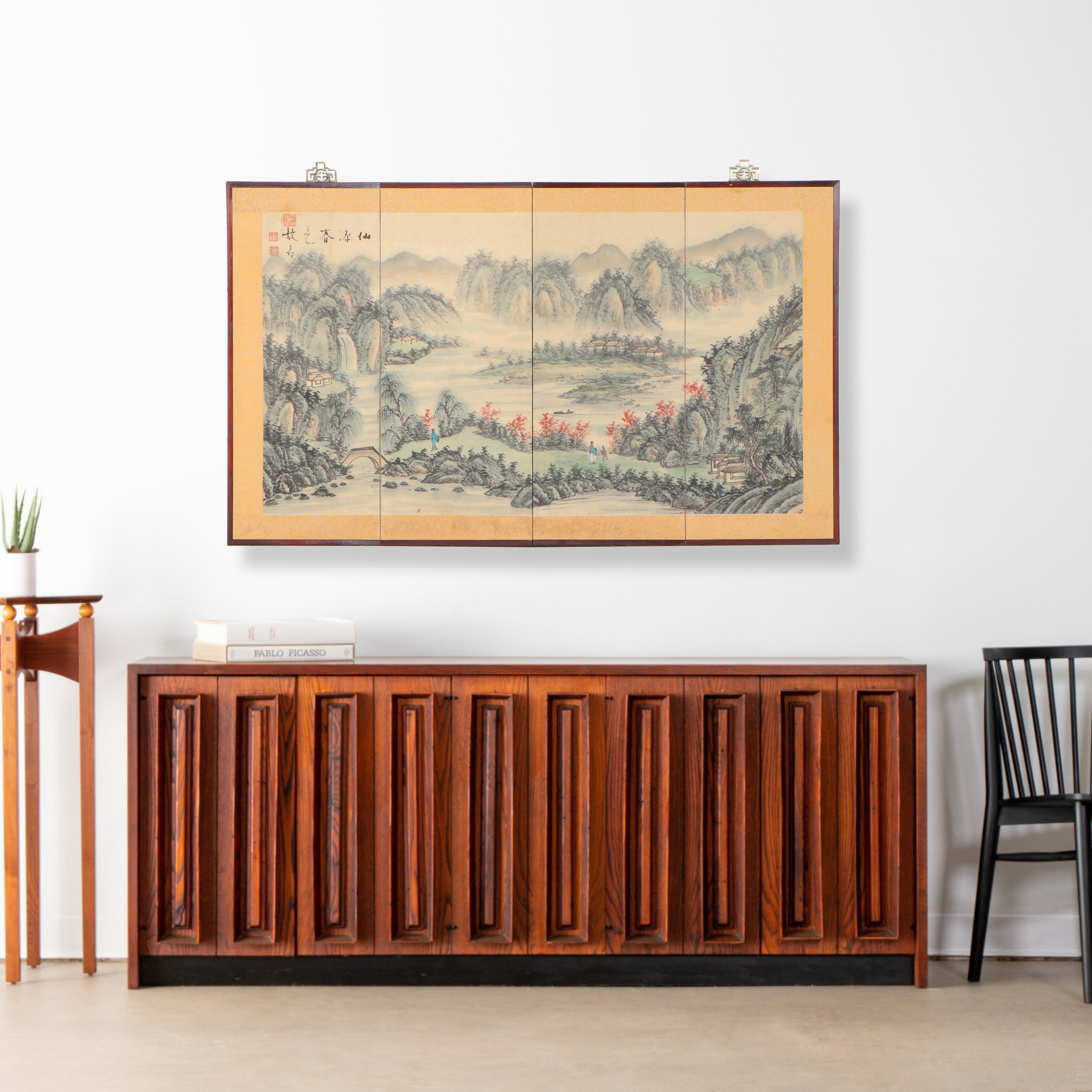 Taiwanese Mountain Landscape Watercolor on Textile Folding Screen