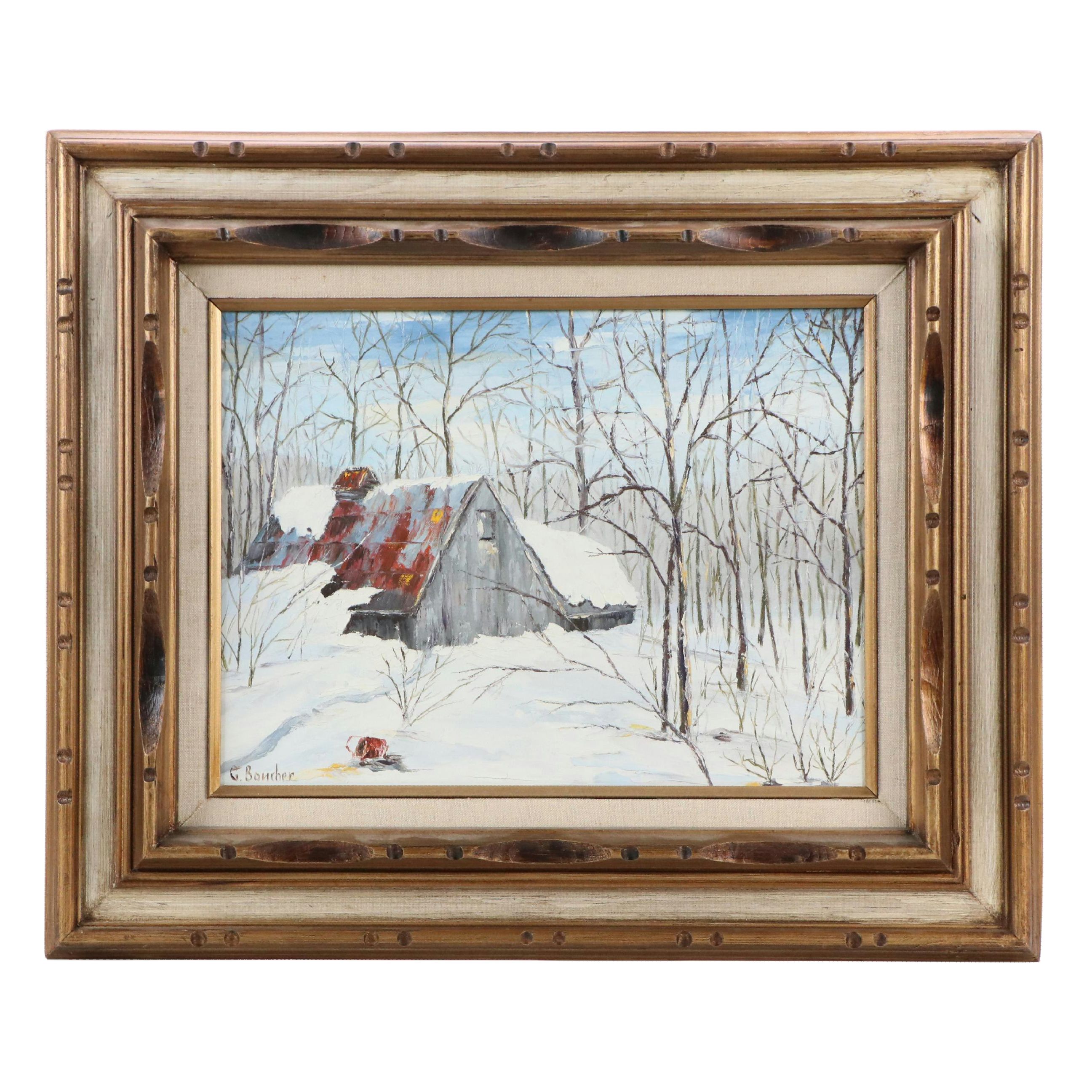 G. Boucher Winter Landscape Oil Painting "Sugar Hut, Morrisburg"