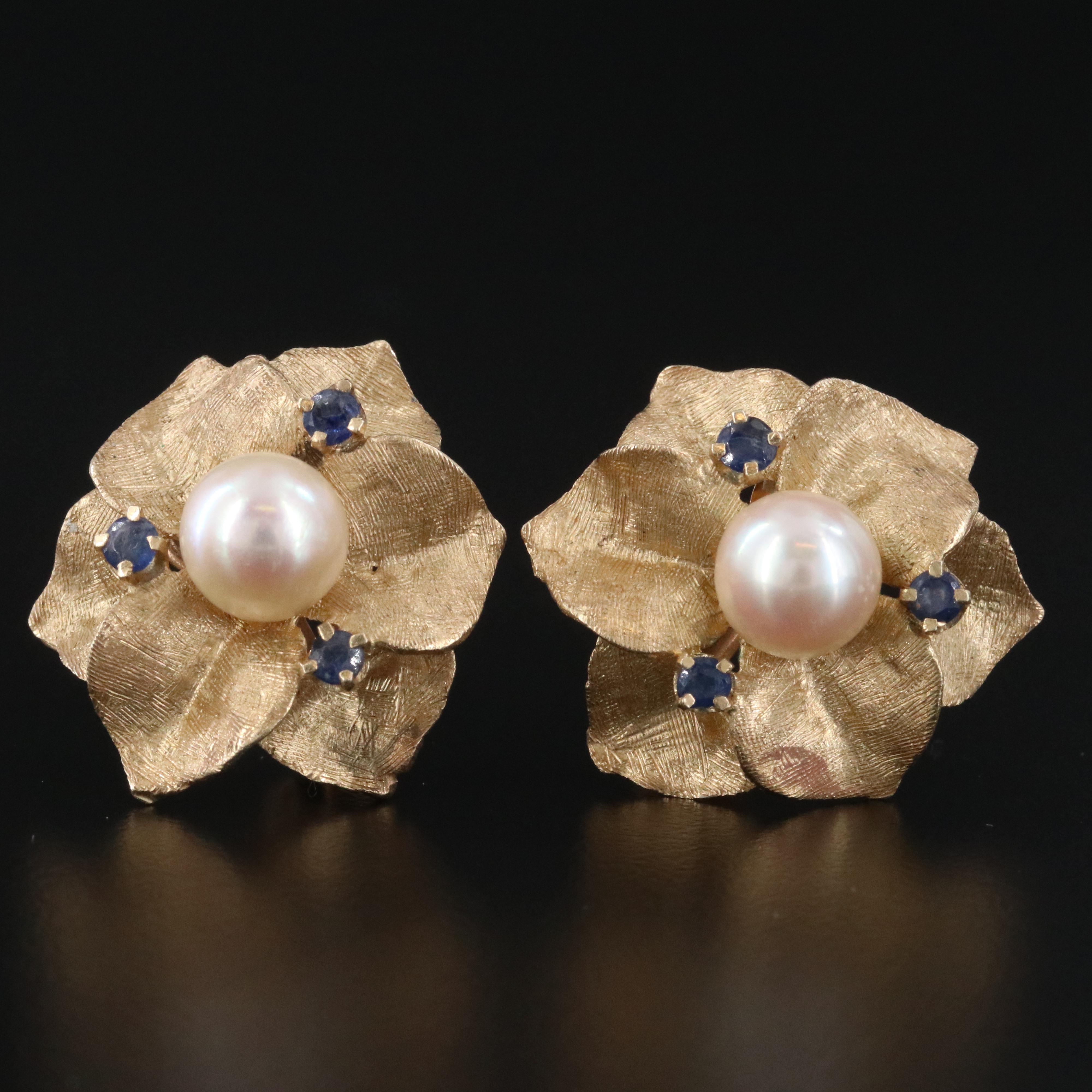 14K Pearl and Sapphire Floral Clip Earrings