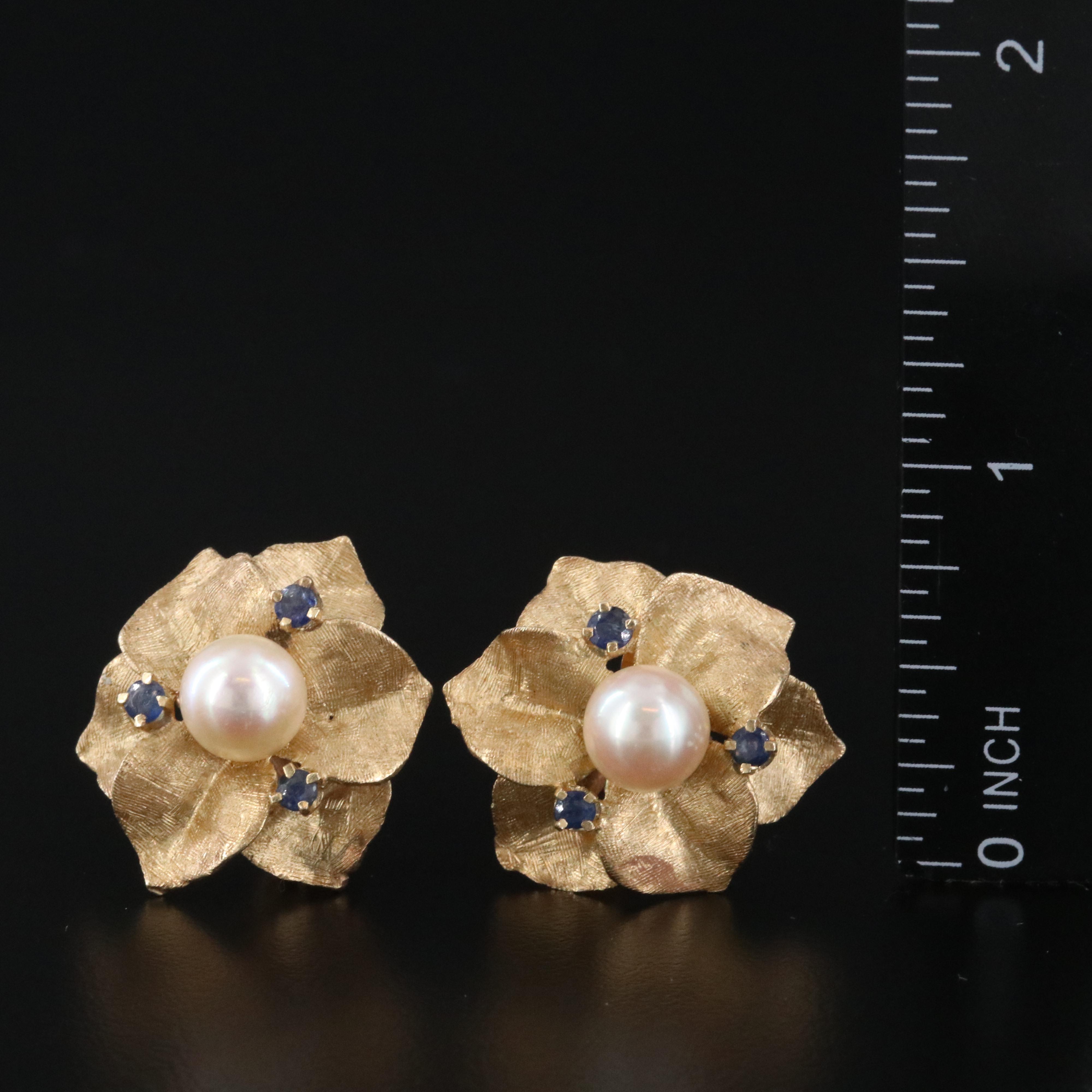 14K Pearl and Sapphire Floral Clip Earrings