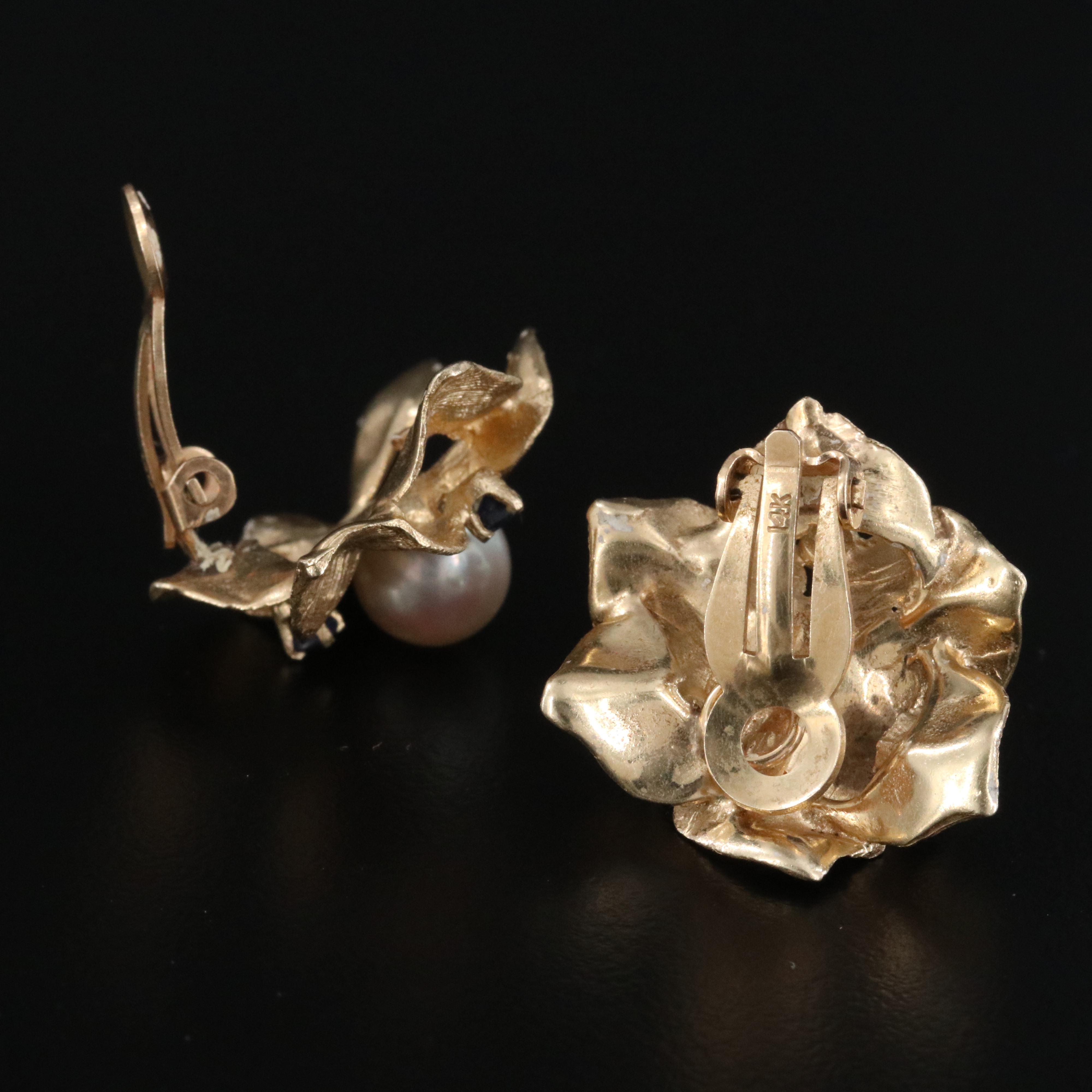 14K Pearl and Sapphire Floral Clip Earrings