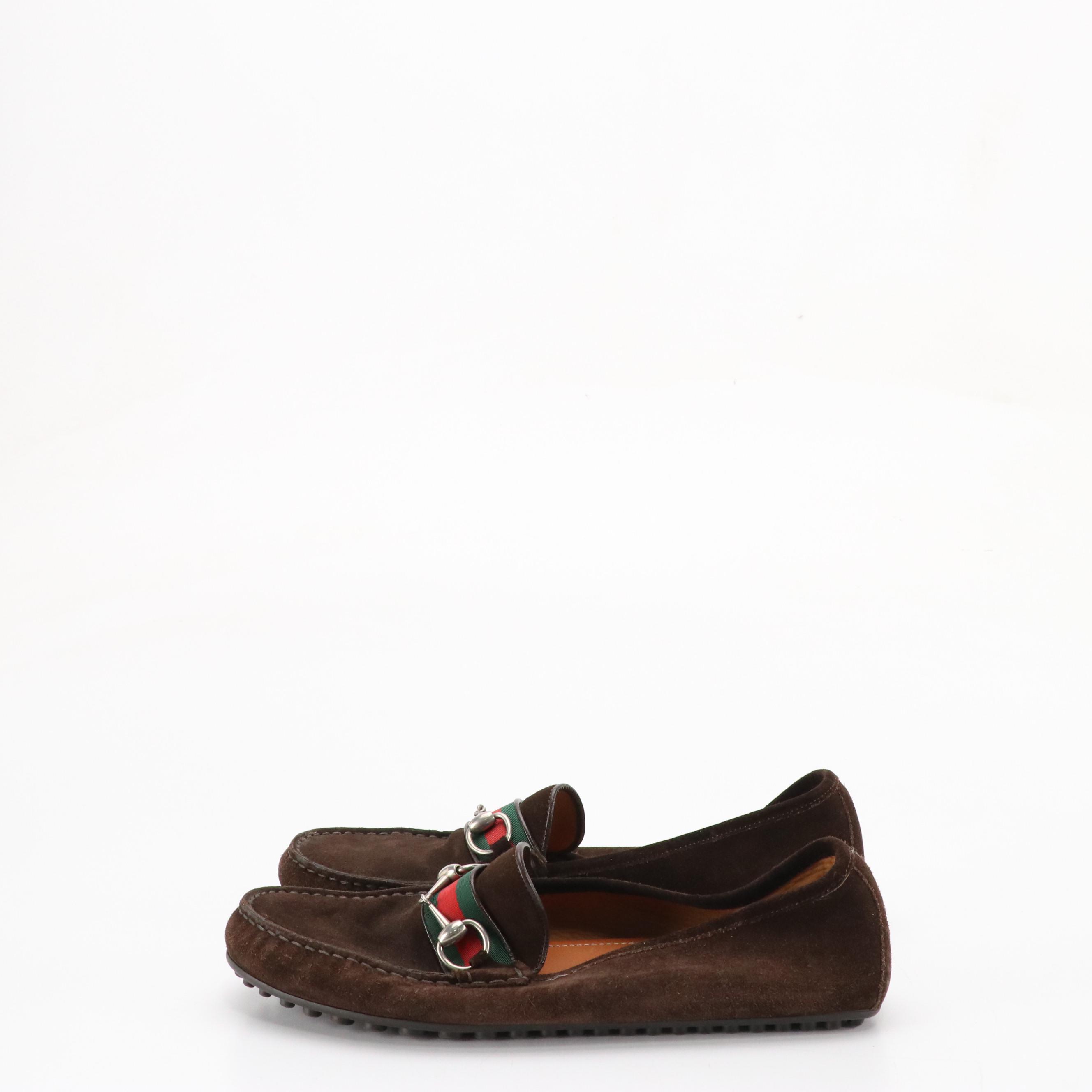 Men's Gucci Web Stripe Horsebit Loafers in Chocolate Brown Suede