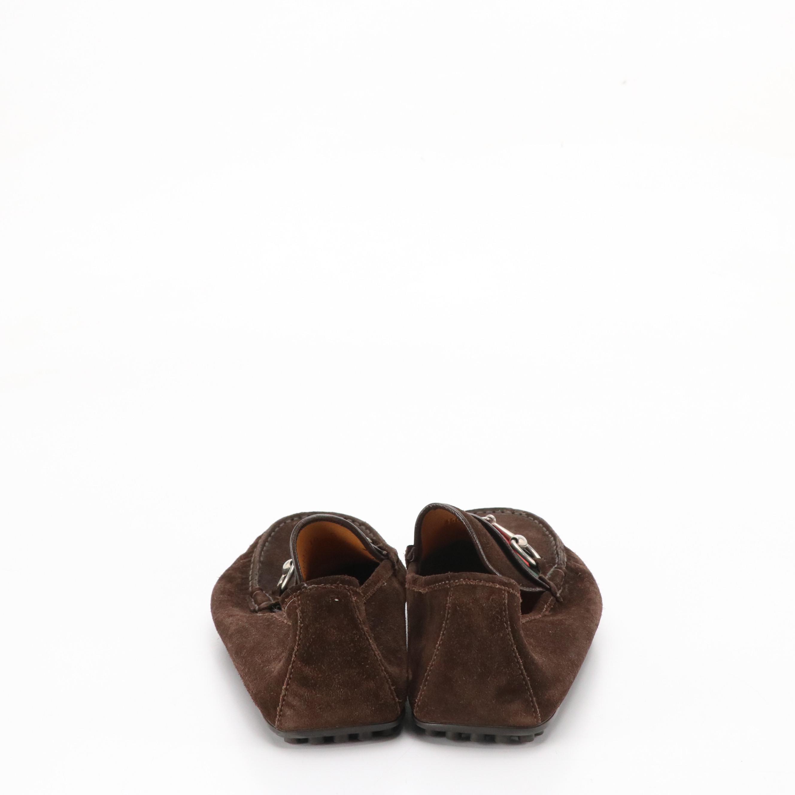 Men's Gucci Web Stripe Horsebit Loafers in Chocolate Brown Suede