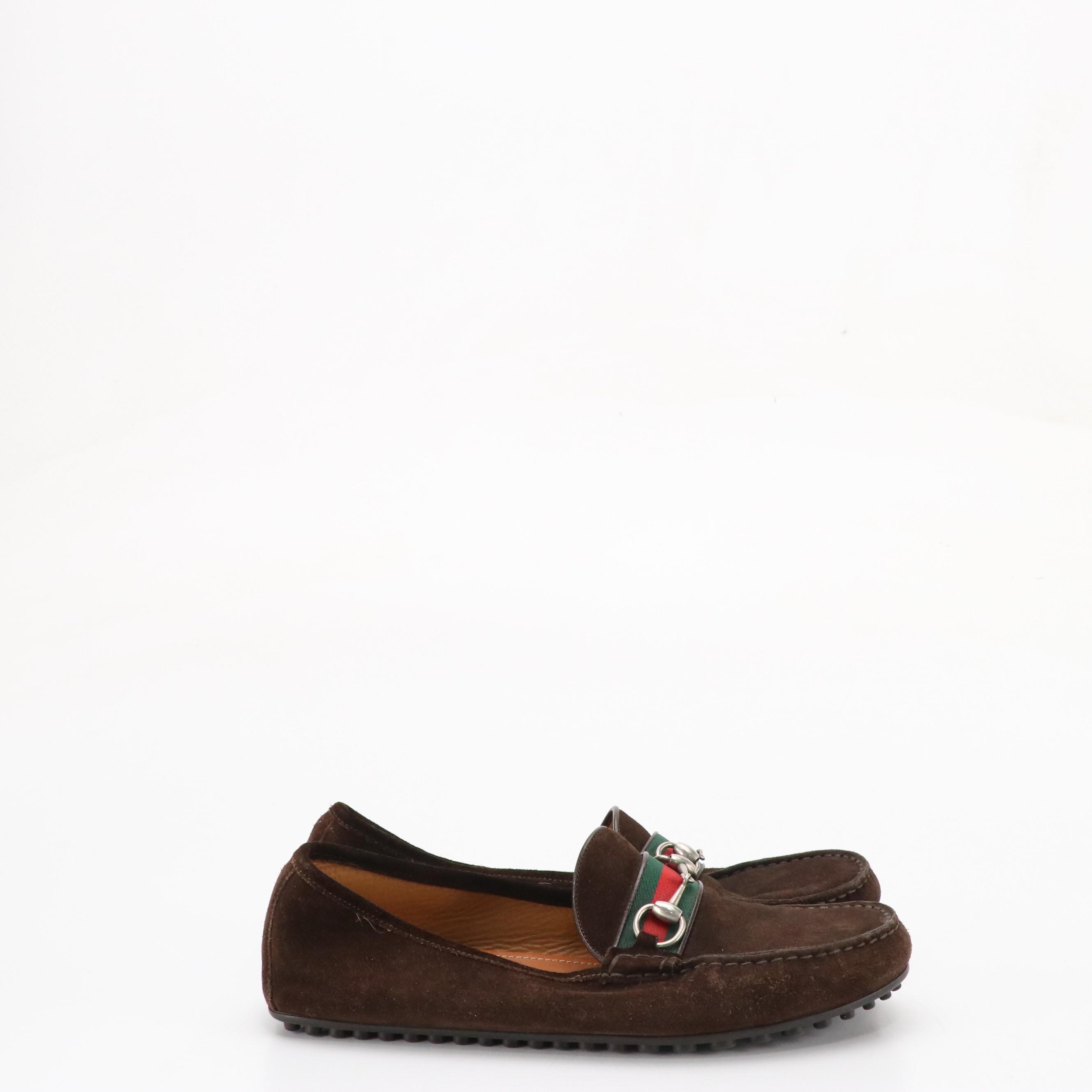Men's Gucci Web Stripe Horsebit Loafers in Chocolate Brown Suede