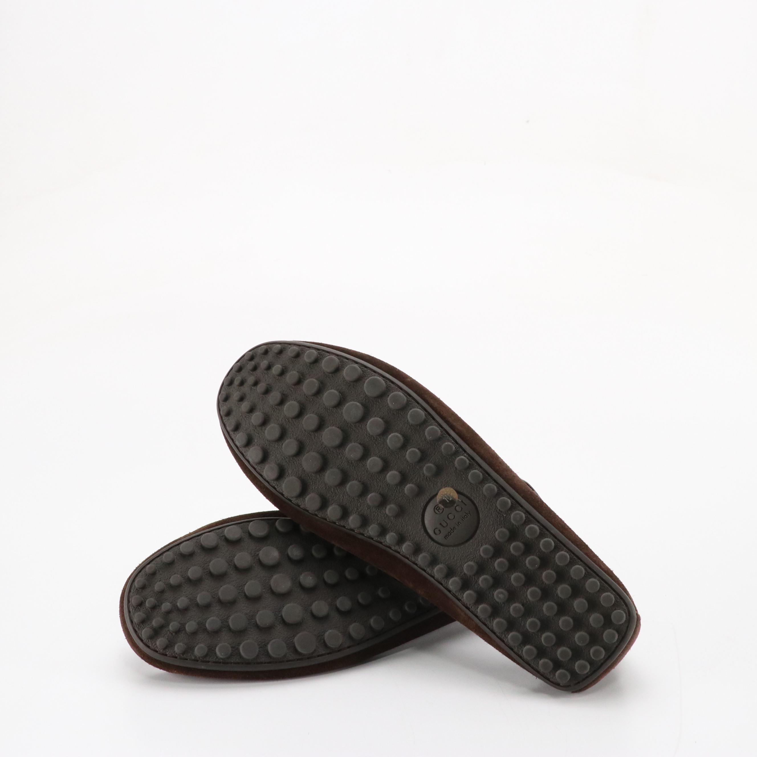 Men's Gucci Web Stripe Horsebit Loafers in Chocolate Brown Suede