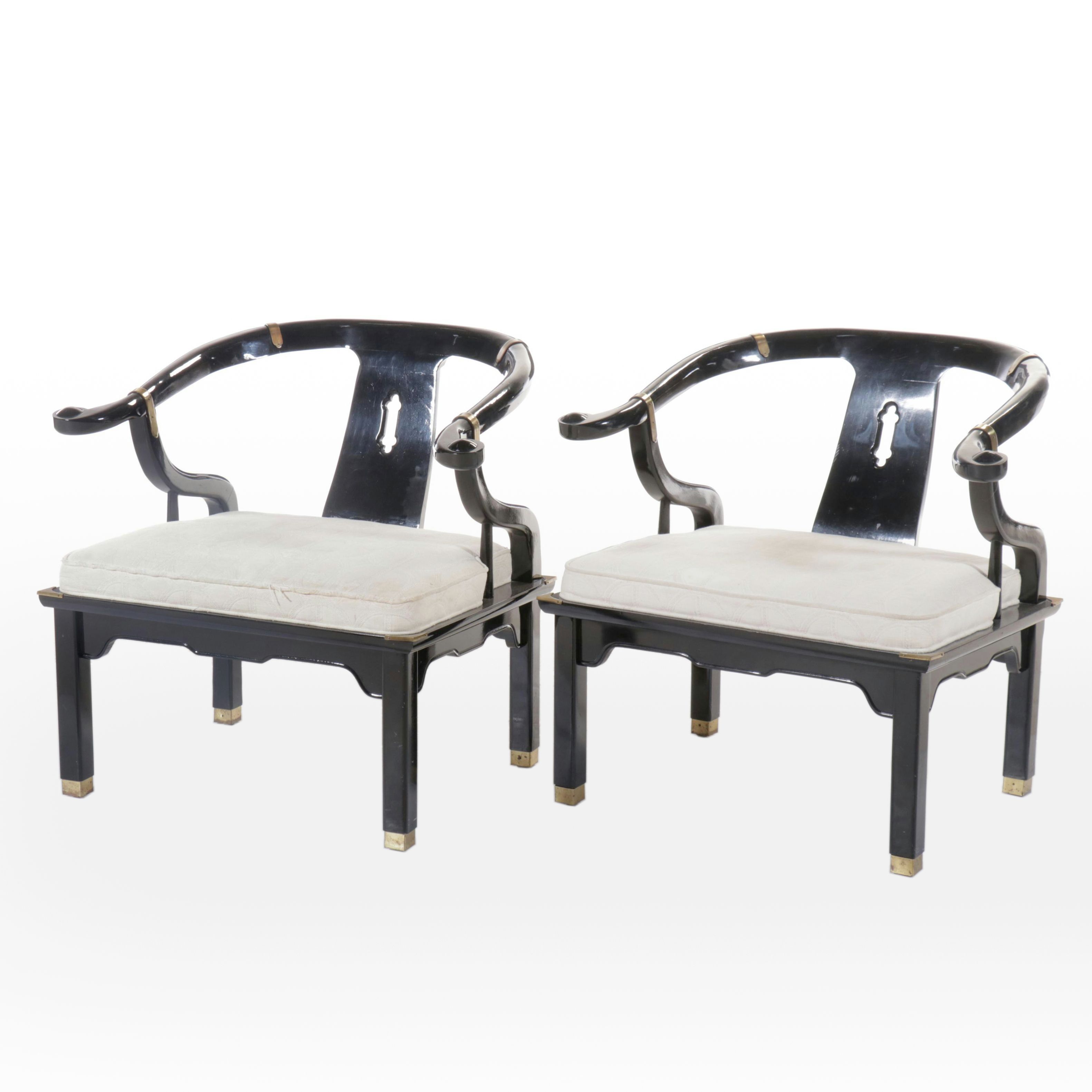 Pair of Century Chair Co. Chinese Style Black Lacquered Wood Armchairs