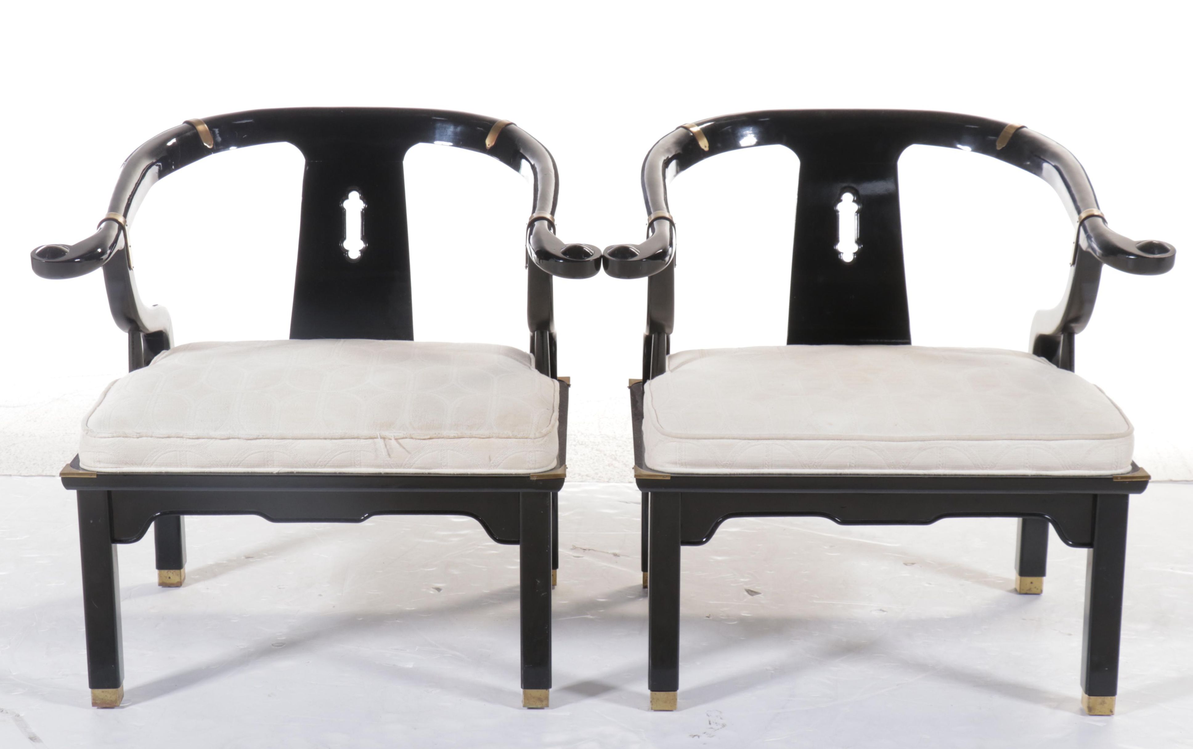 Pair of Century Chair Co. Chinese Style Black Lacquered Wood Armchairs
