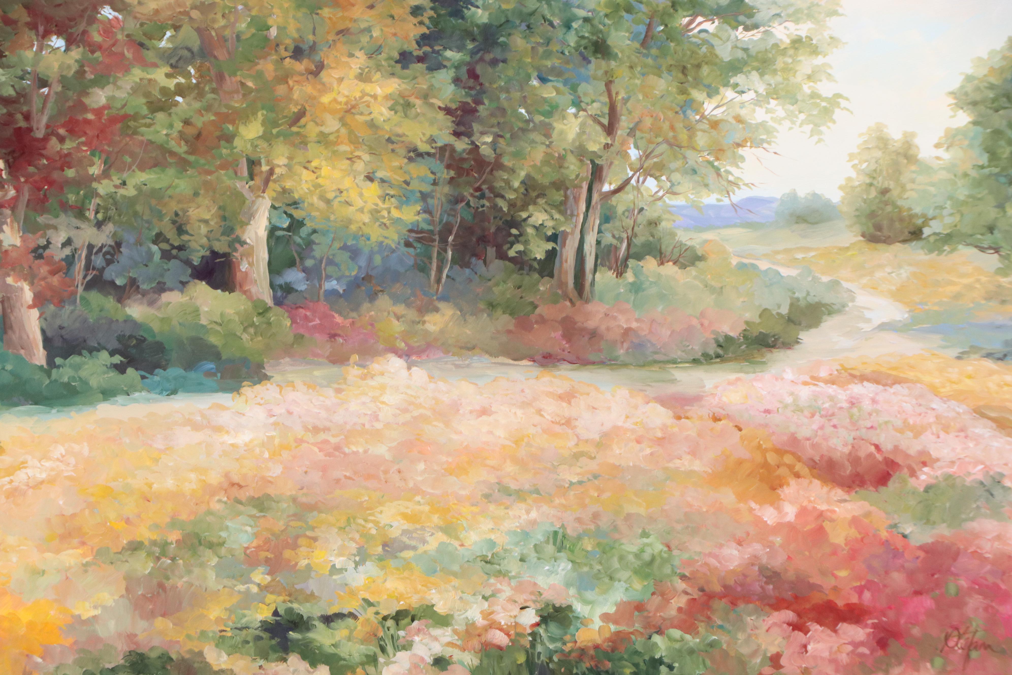 Floral Spring Landscape Acrylic Painting, Circa 2000