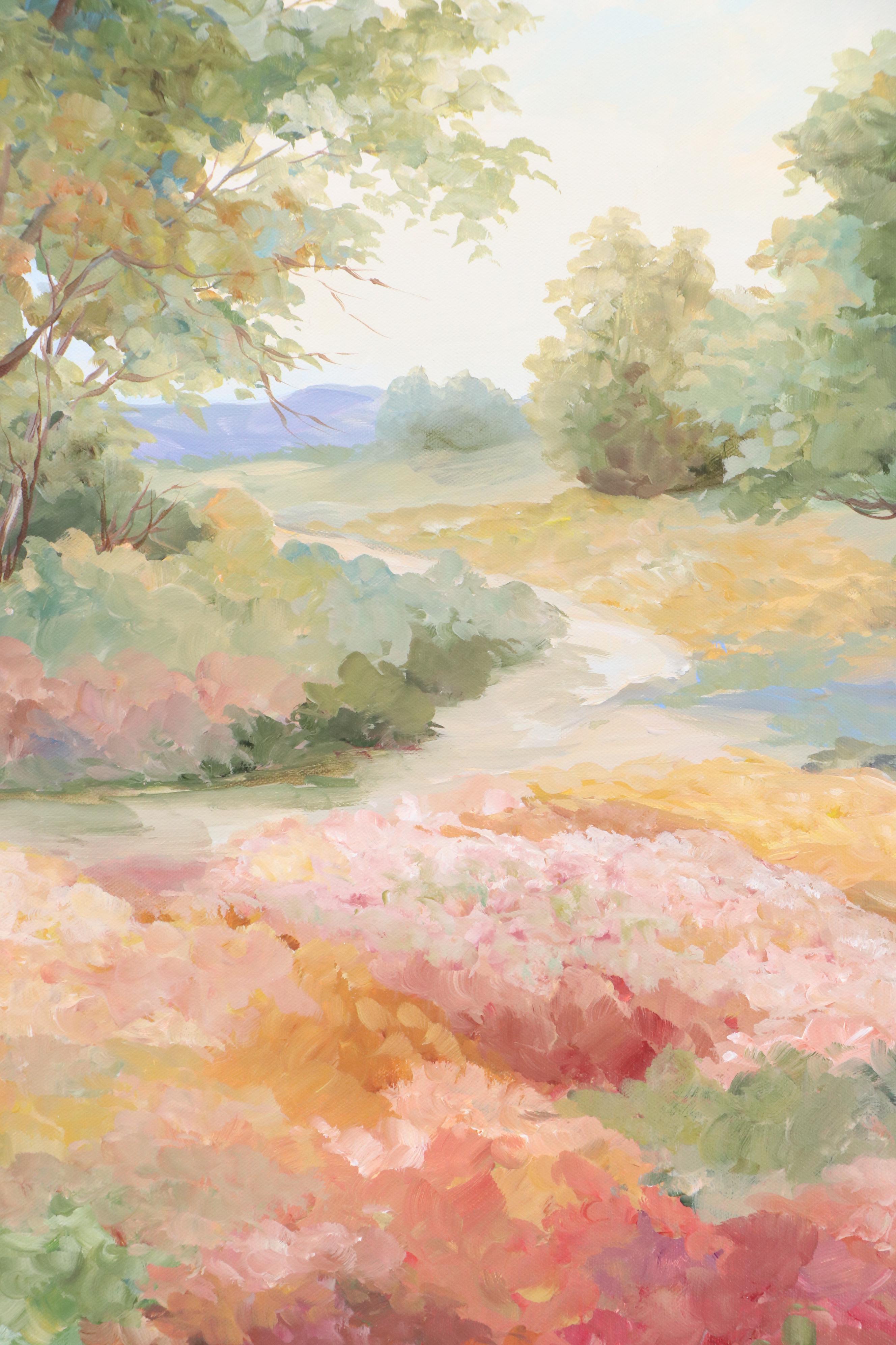 Floral Spring Landscape Acrylic Painting, Circa 2000