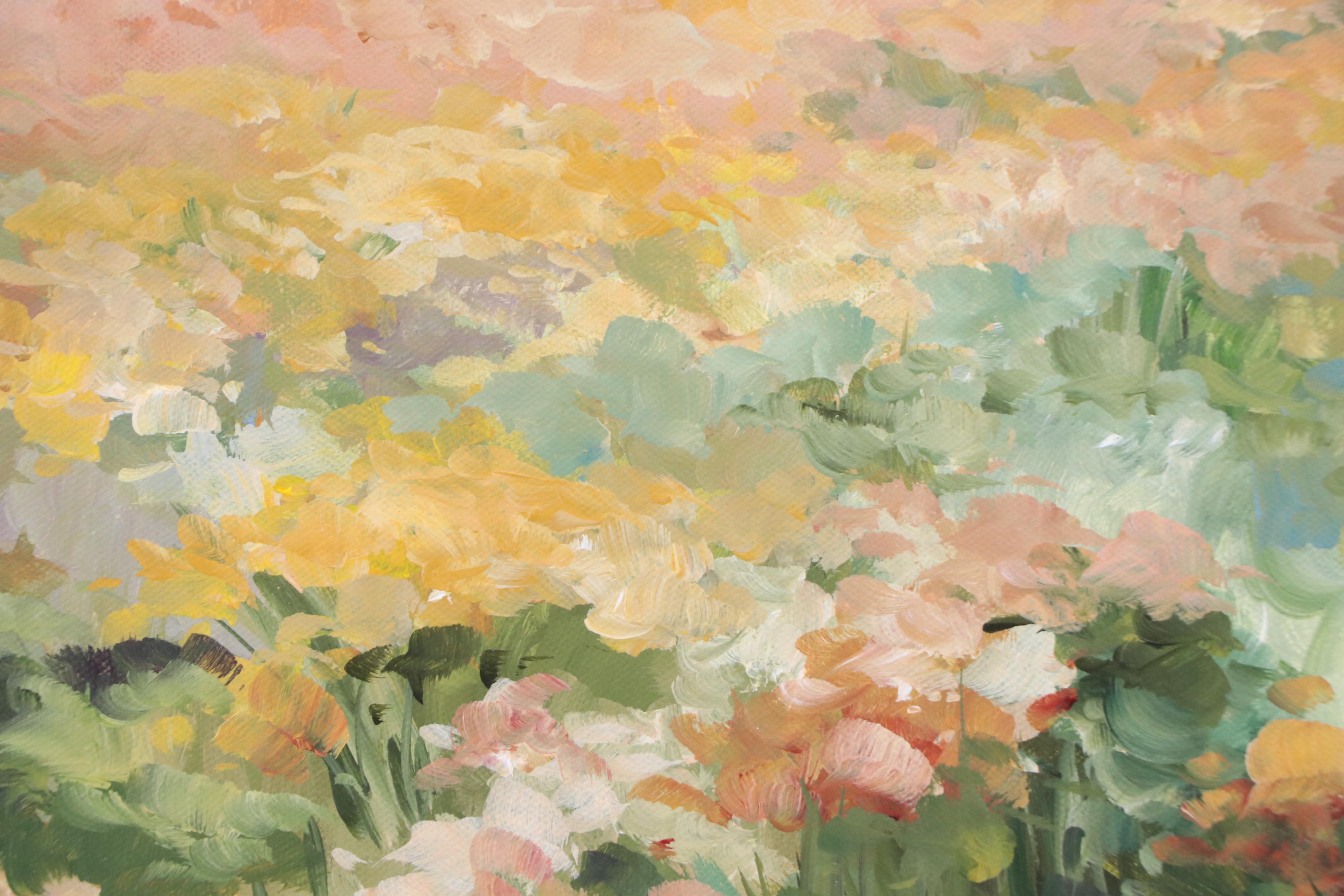 Floral Spring Landscape Acrylic Painting, Circa 2000