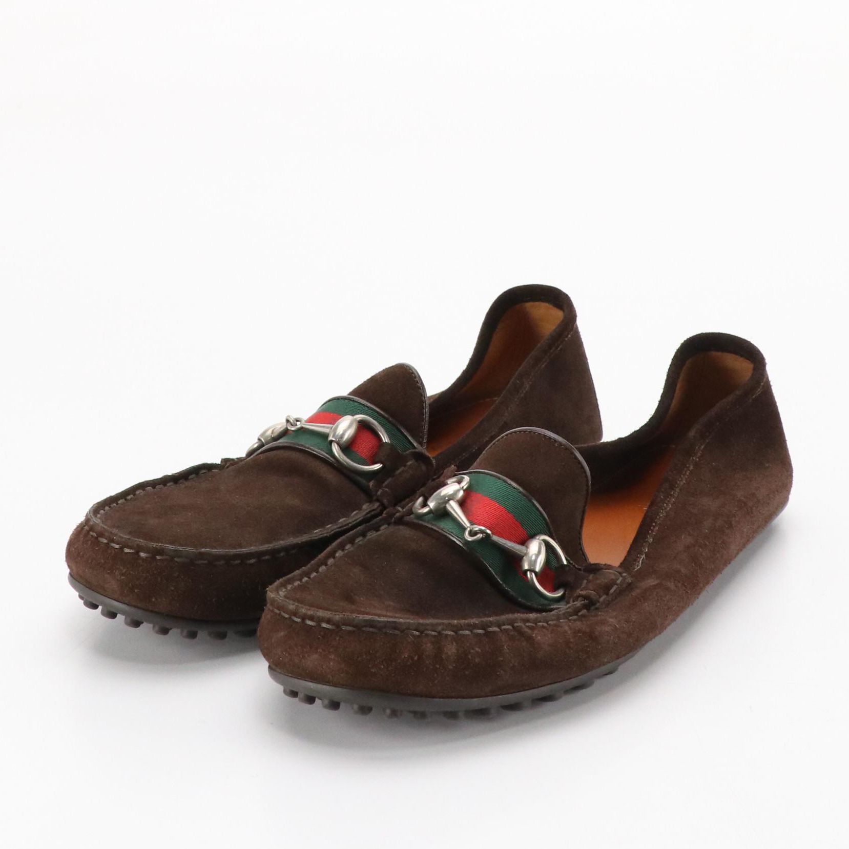 Men's Gucci Web Stripe Horsebit Loafers in Chocolate Brown Suede