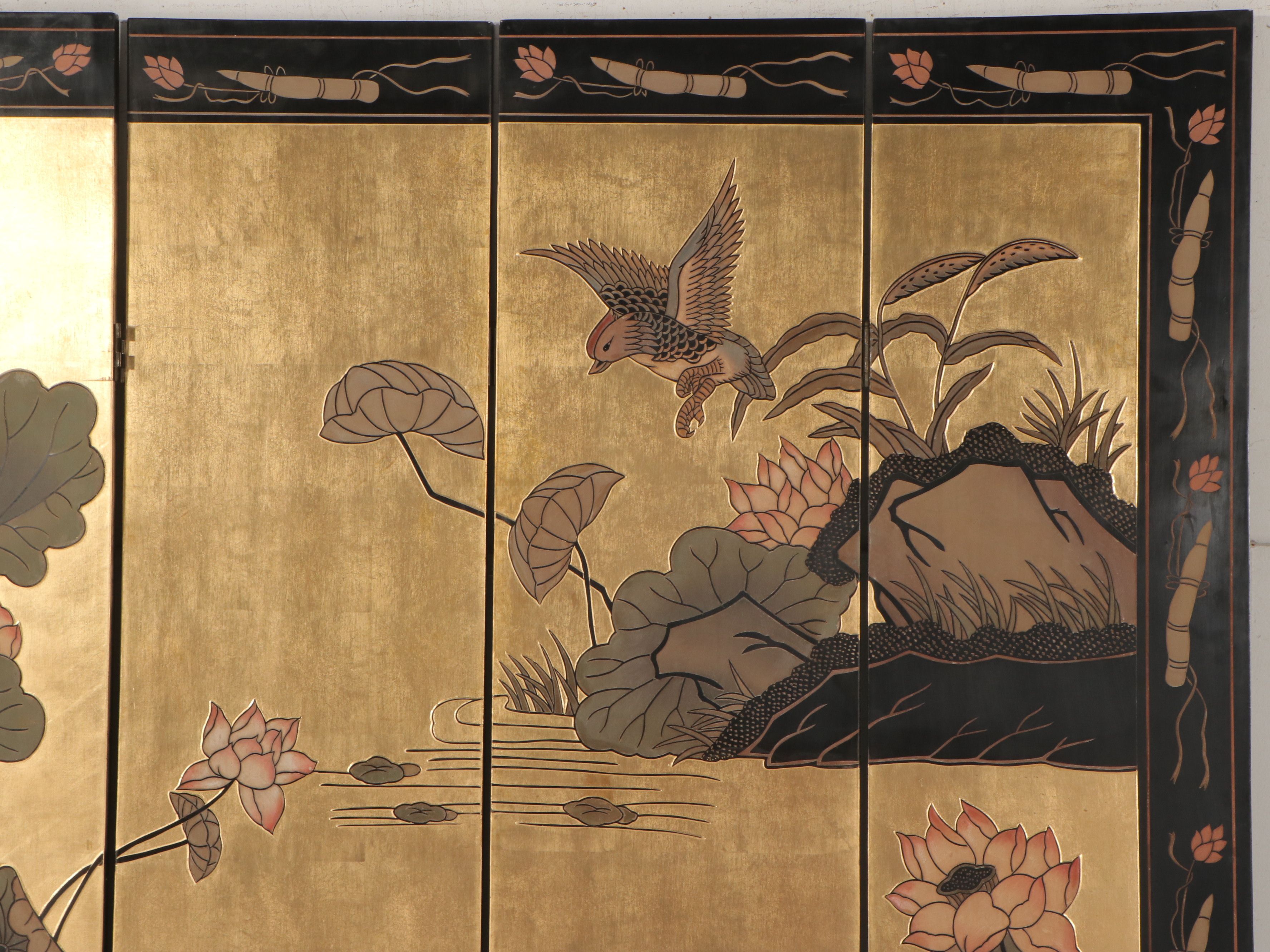 Chinese Parcel-Gilt and Lacquered Wood Six-Panel Room Screen