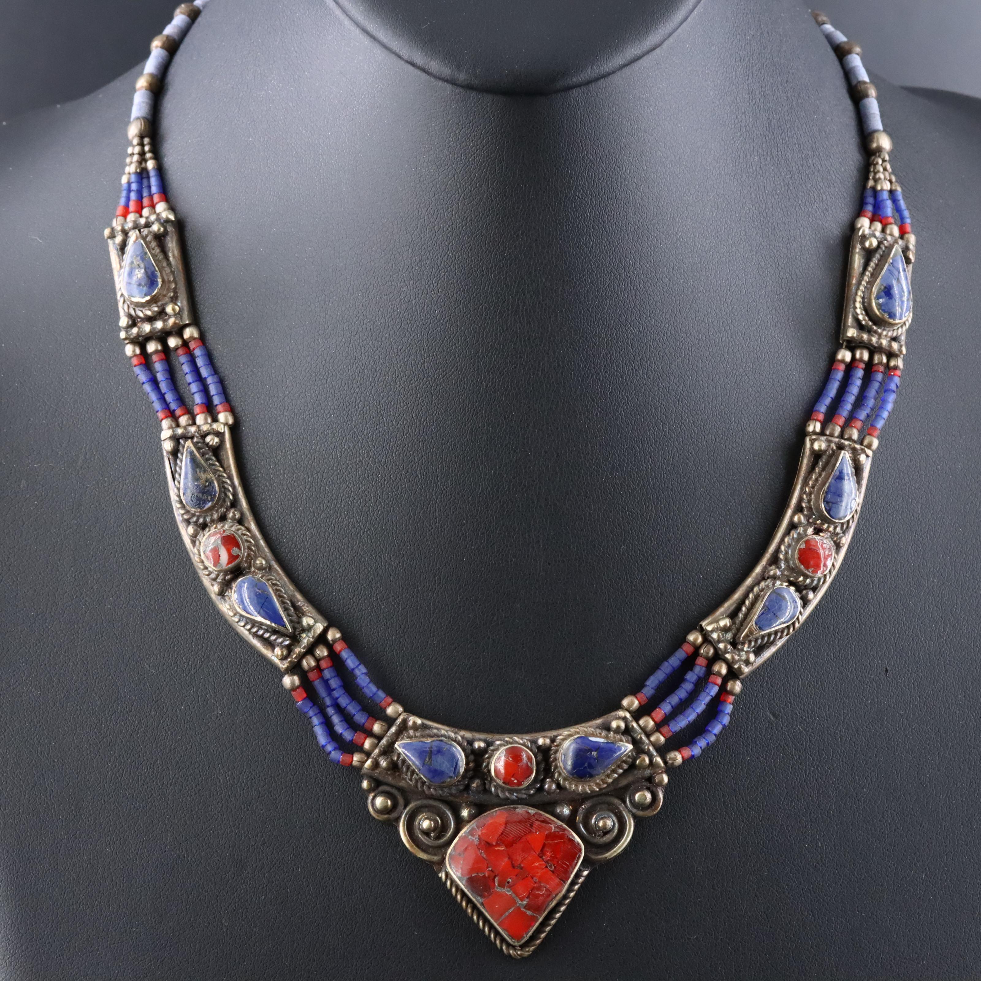 Chip Stone and Glass Bead Tibetan Style Necklace