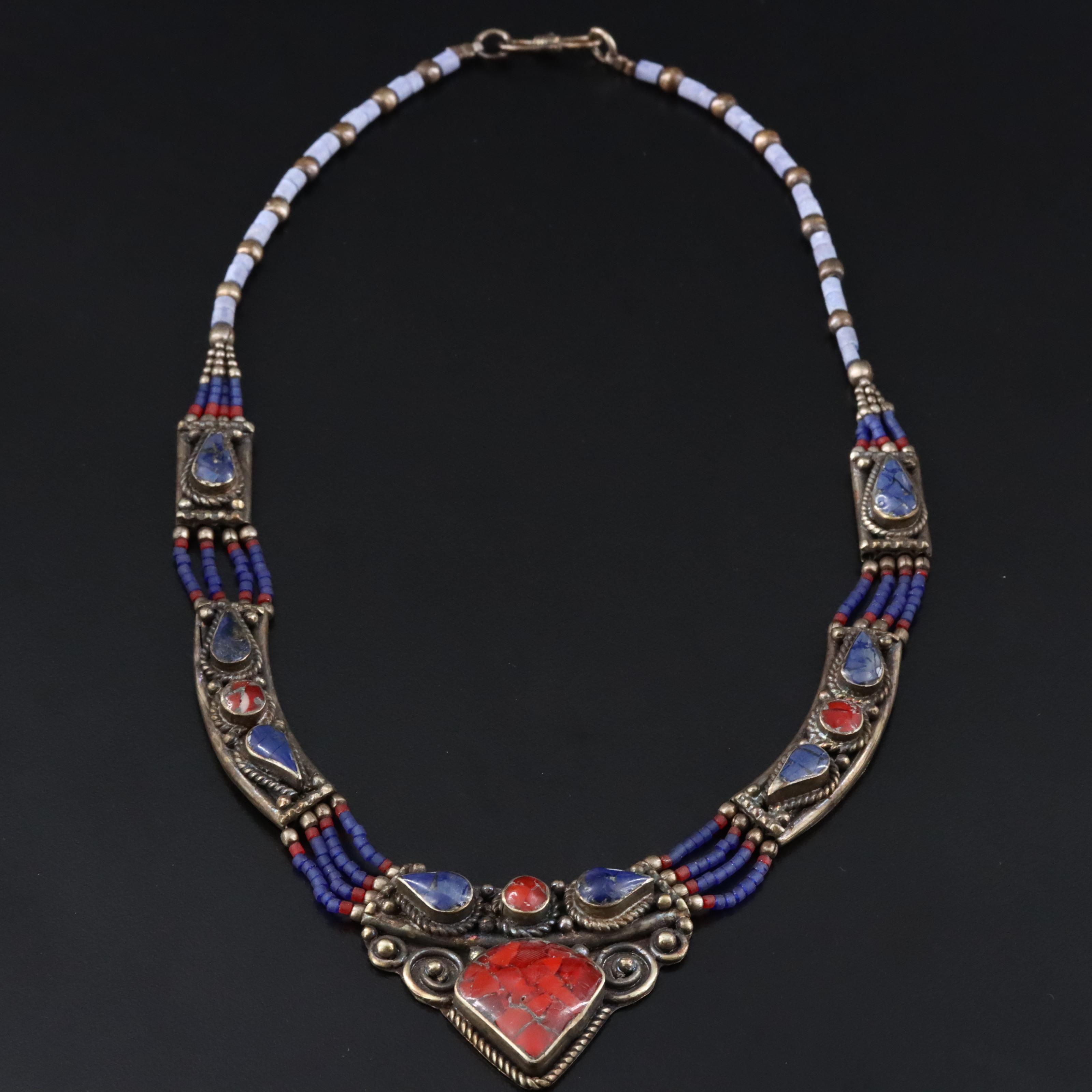 Chip Stone and Glass Bead Tibetan Style Necklace