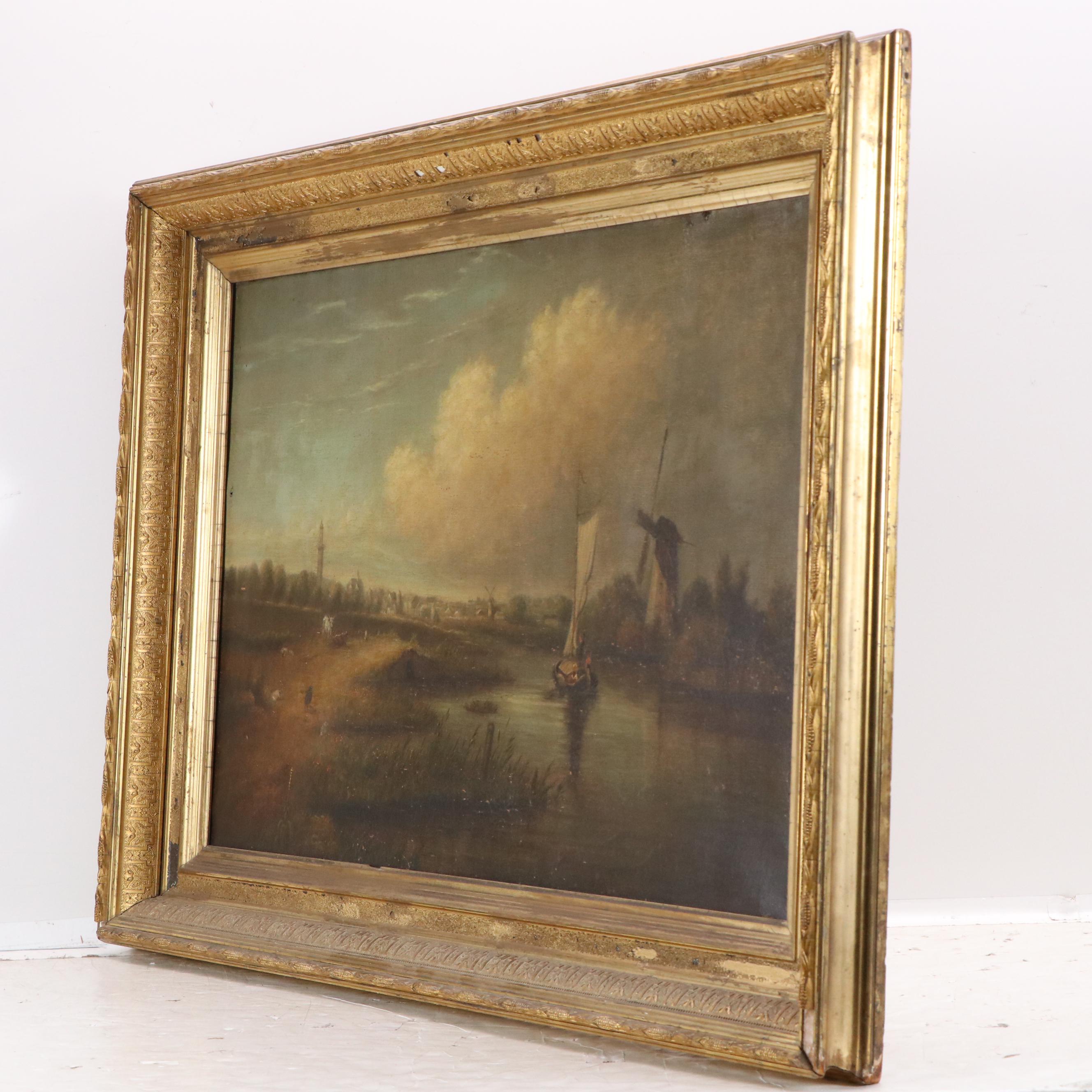 Continental School Oil Painting of Pastoral Riverside Landscape, Circa 1900