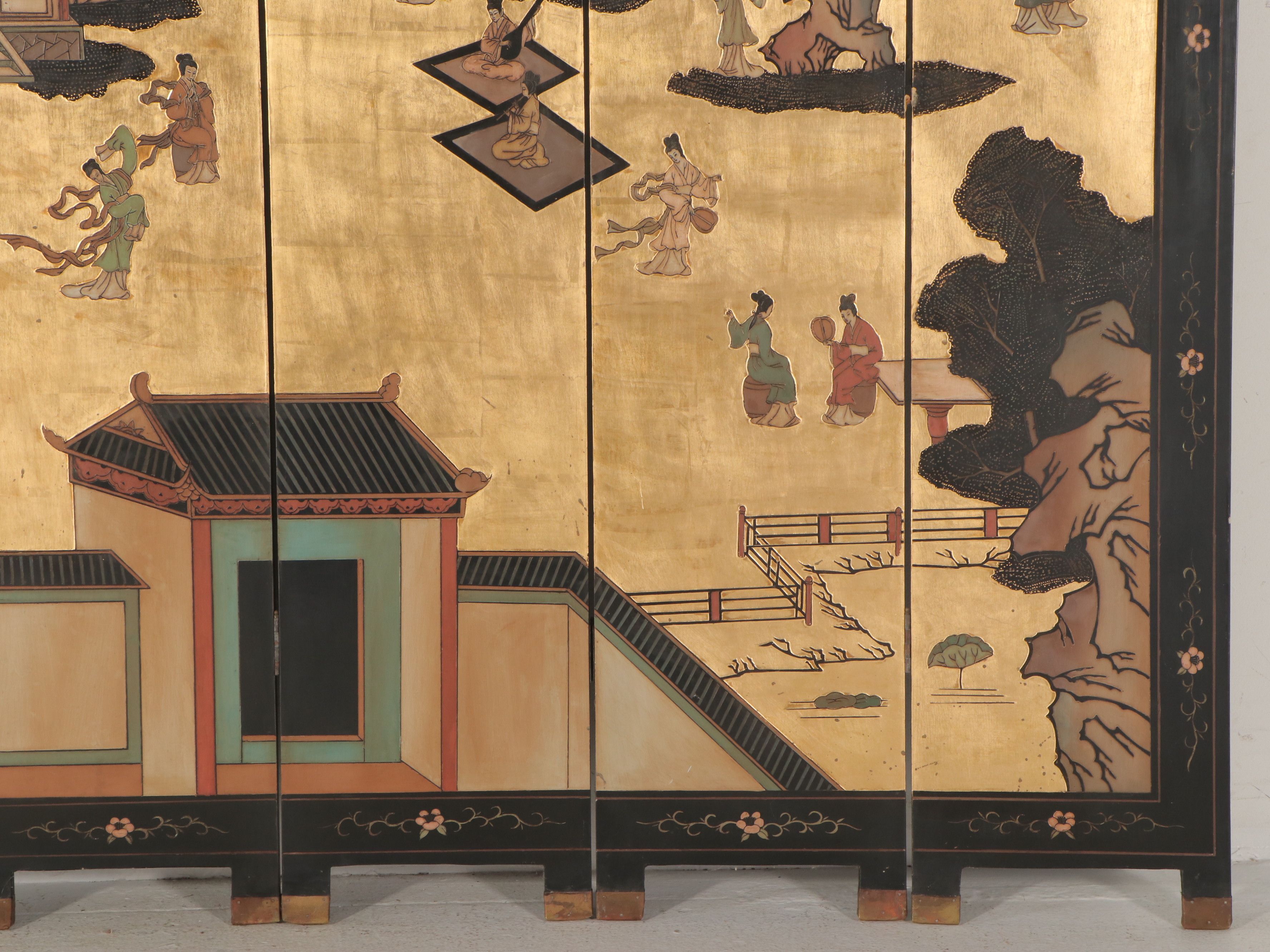 72" Chinese Six-Panel Room Divider with Carved and Painted Scenes