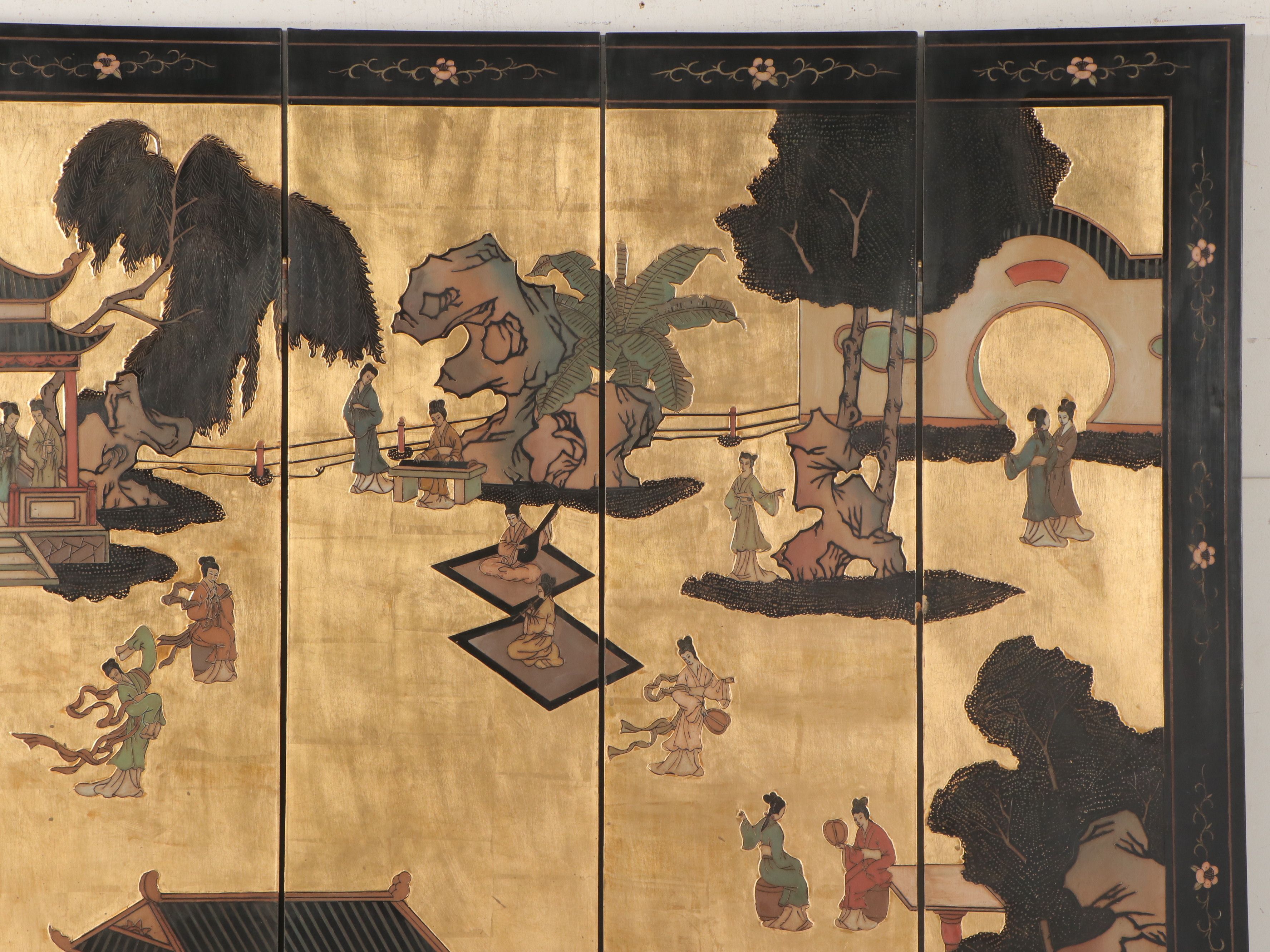 72" Chinese Six-Panel Room Divider with Carved and Painted Scenes