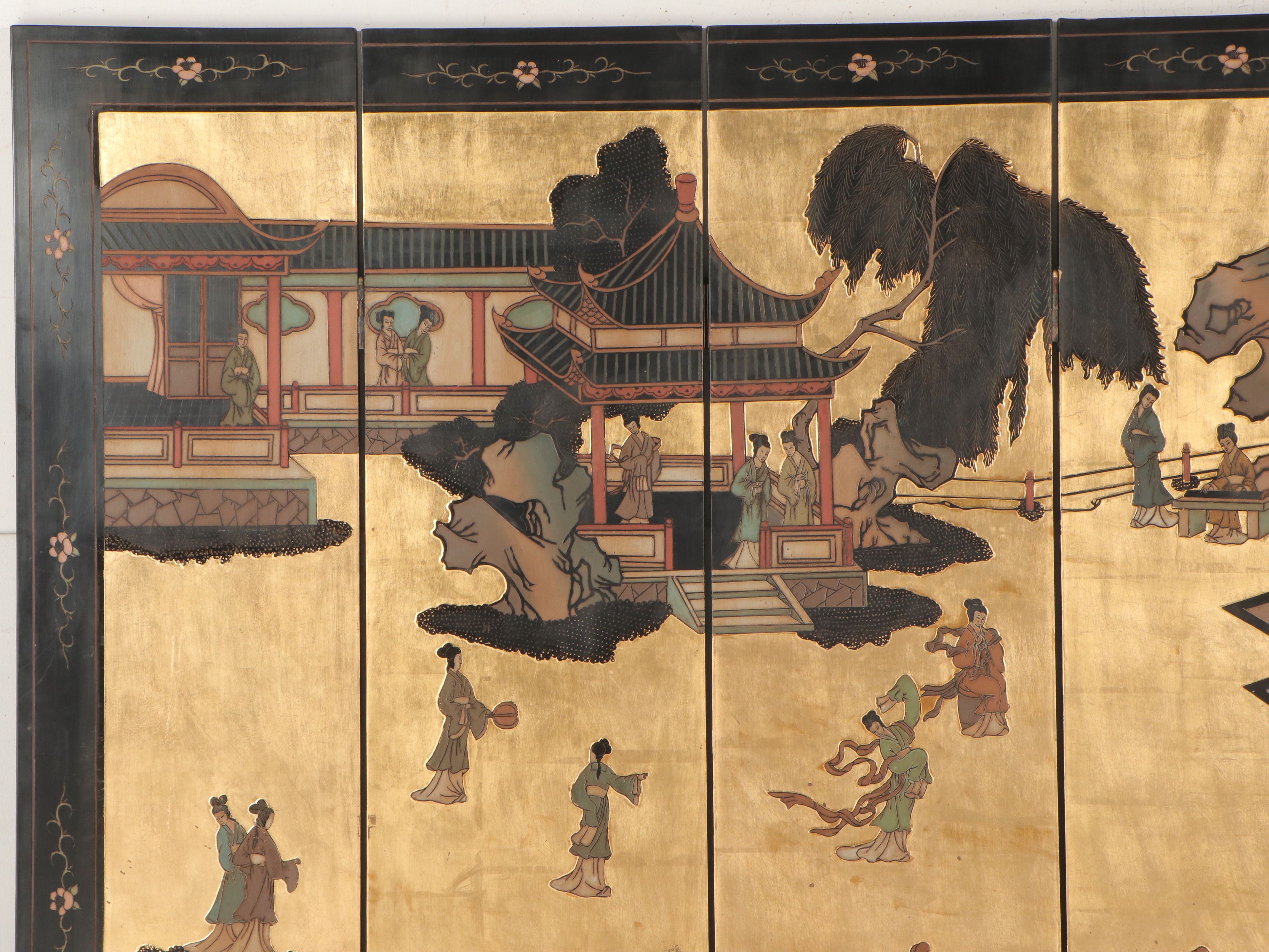 72" Chinese Six-Panel Room Divider with Carved and Painted Scenes