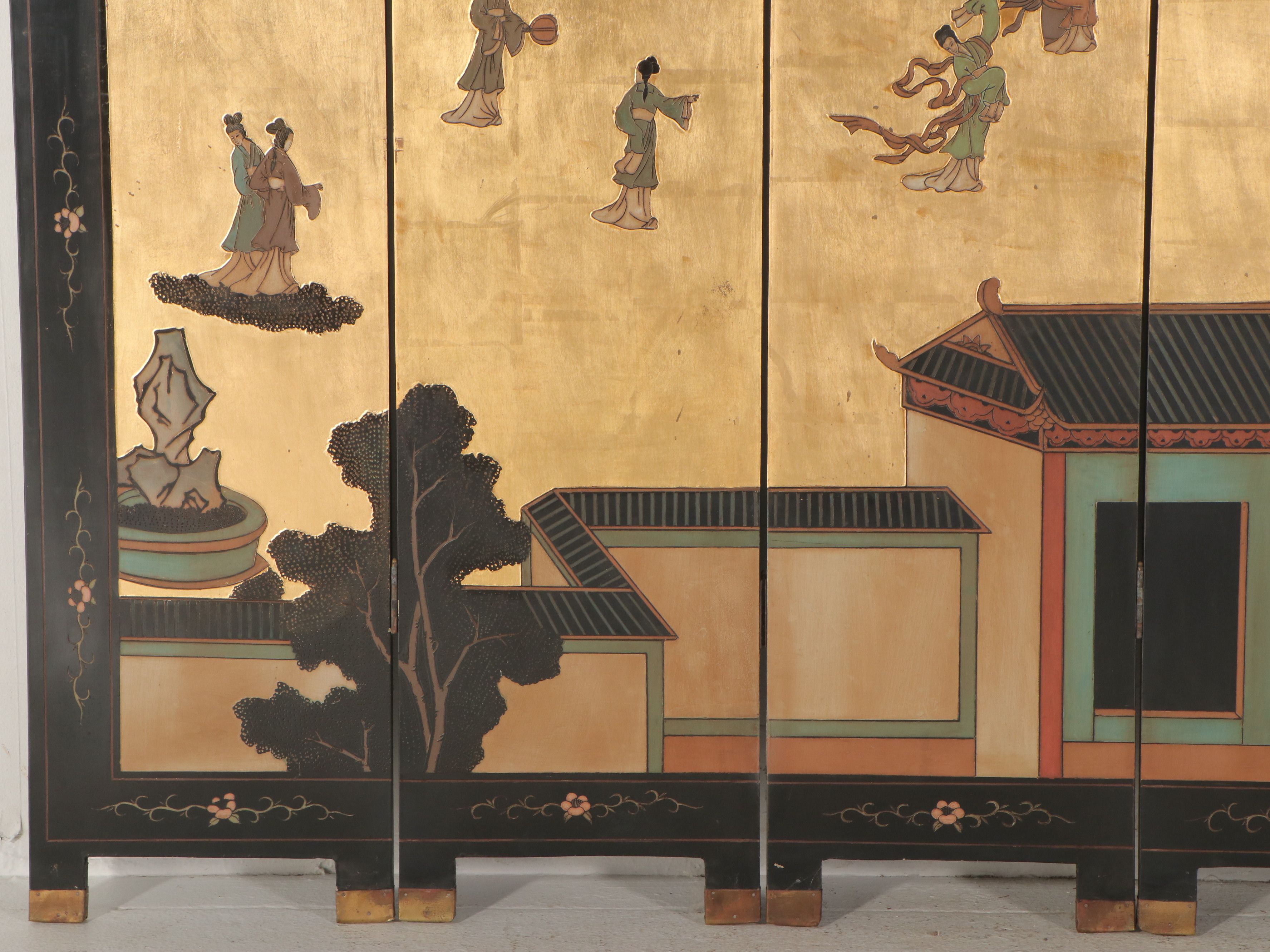 72" Chinese Six-Panel Room Divider with Carved and Painted Scenes