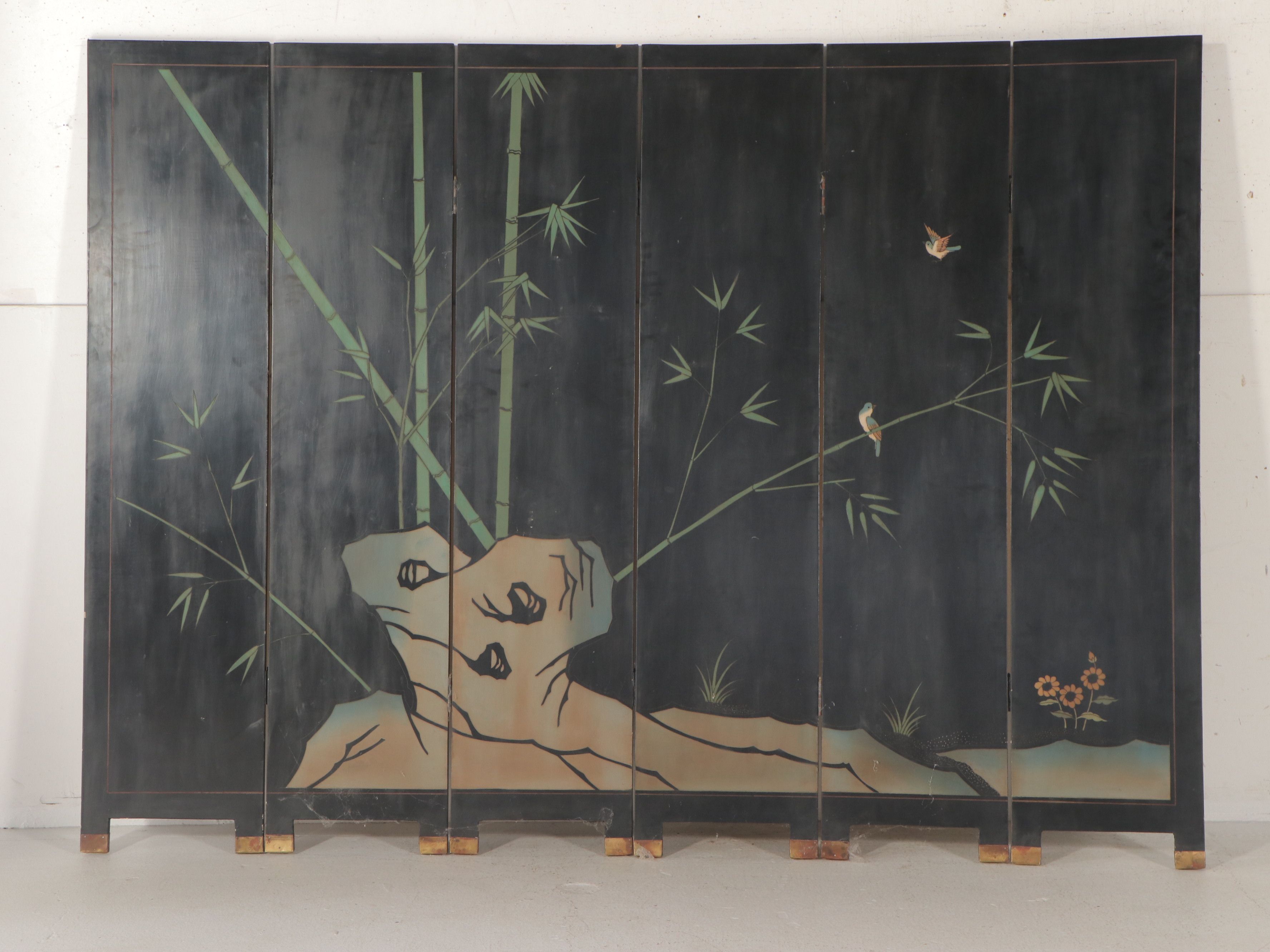 72" Chinese Six-Panel Room Divider with Carved and Painted Scenes