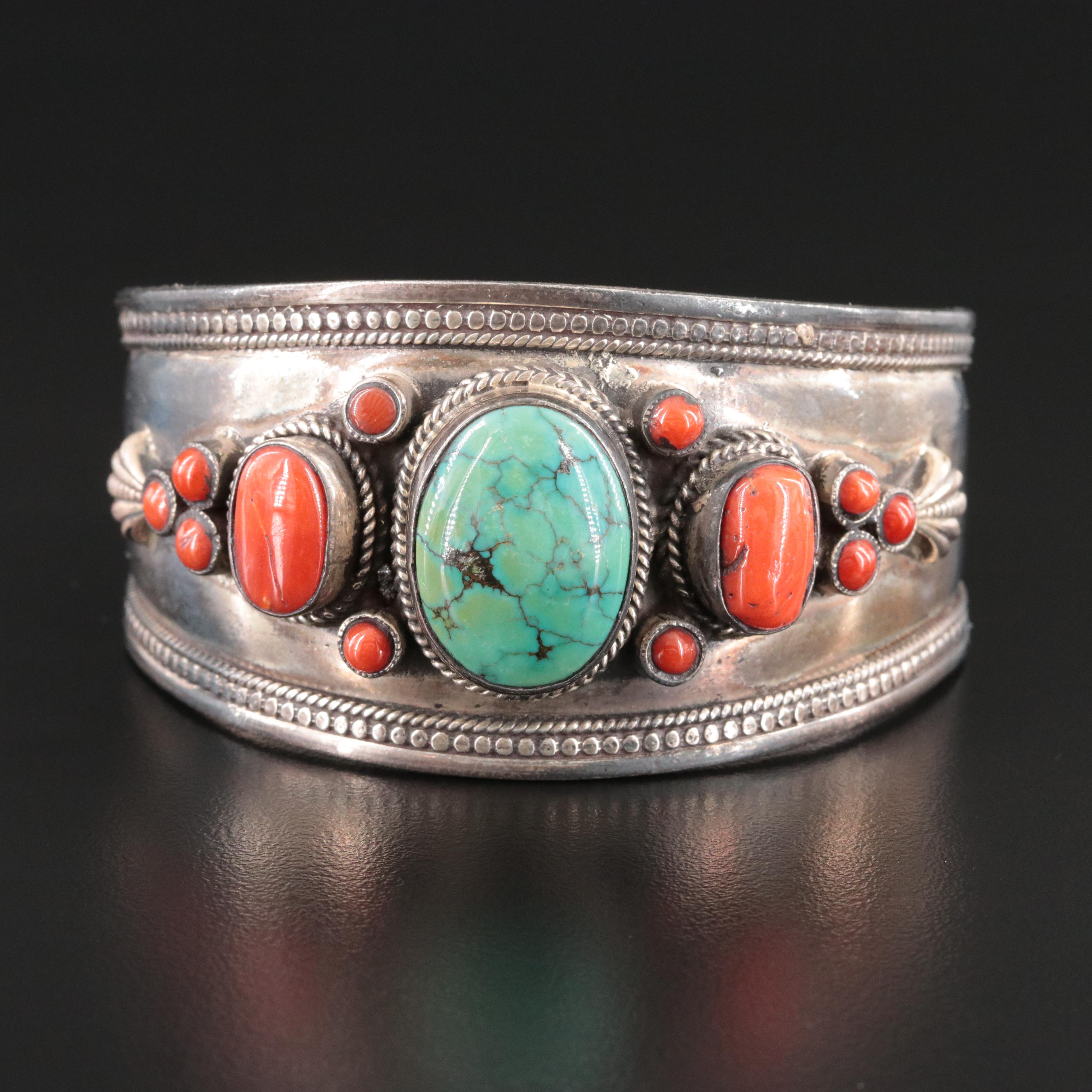 Sterling Turquoise and Coral Gem Cuff