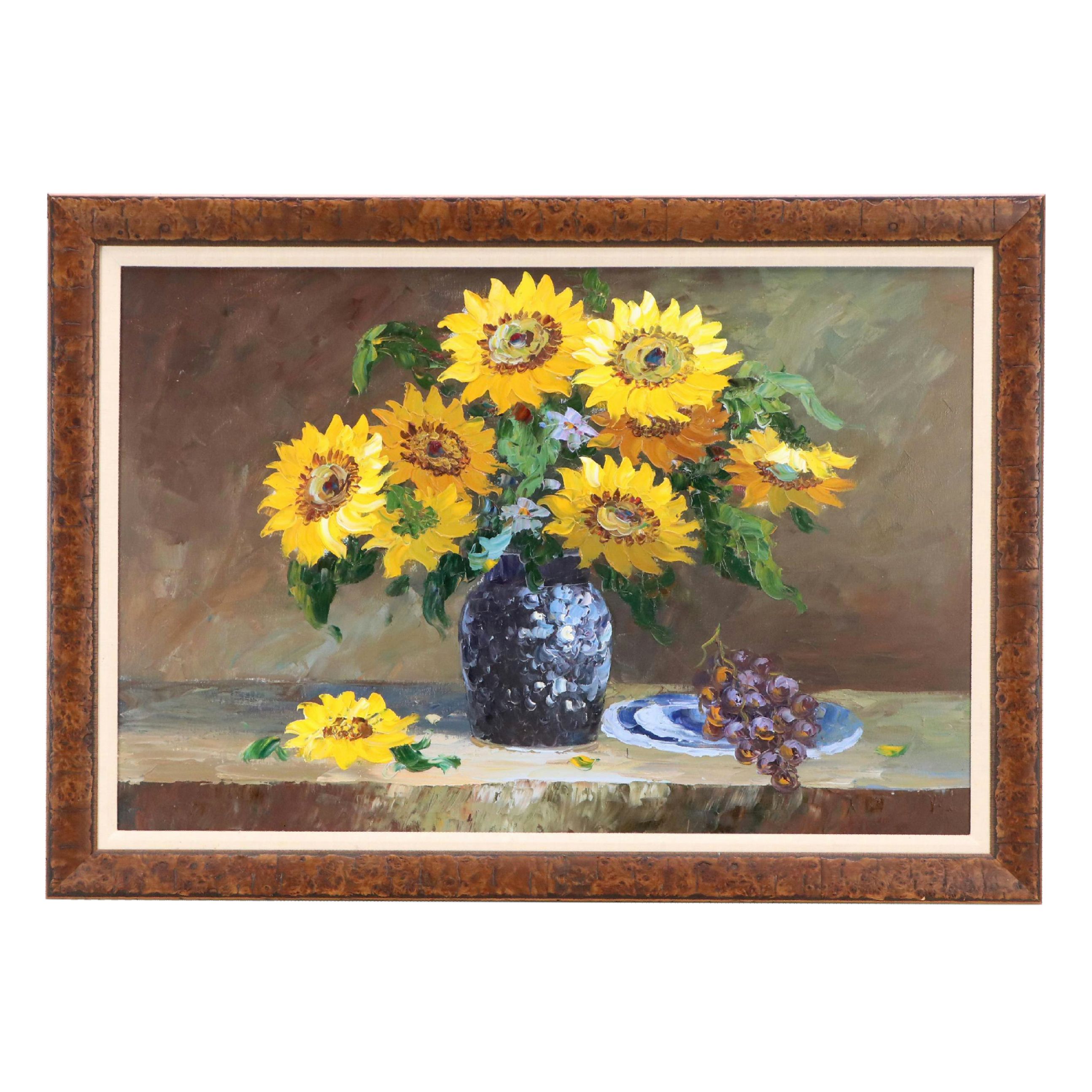 Floral Still Life Acrylic Painting of Sunflowers, Circa 2010