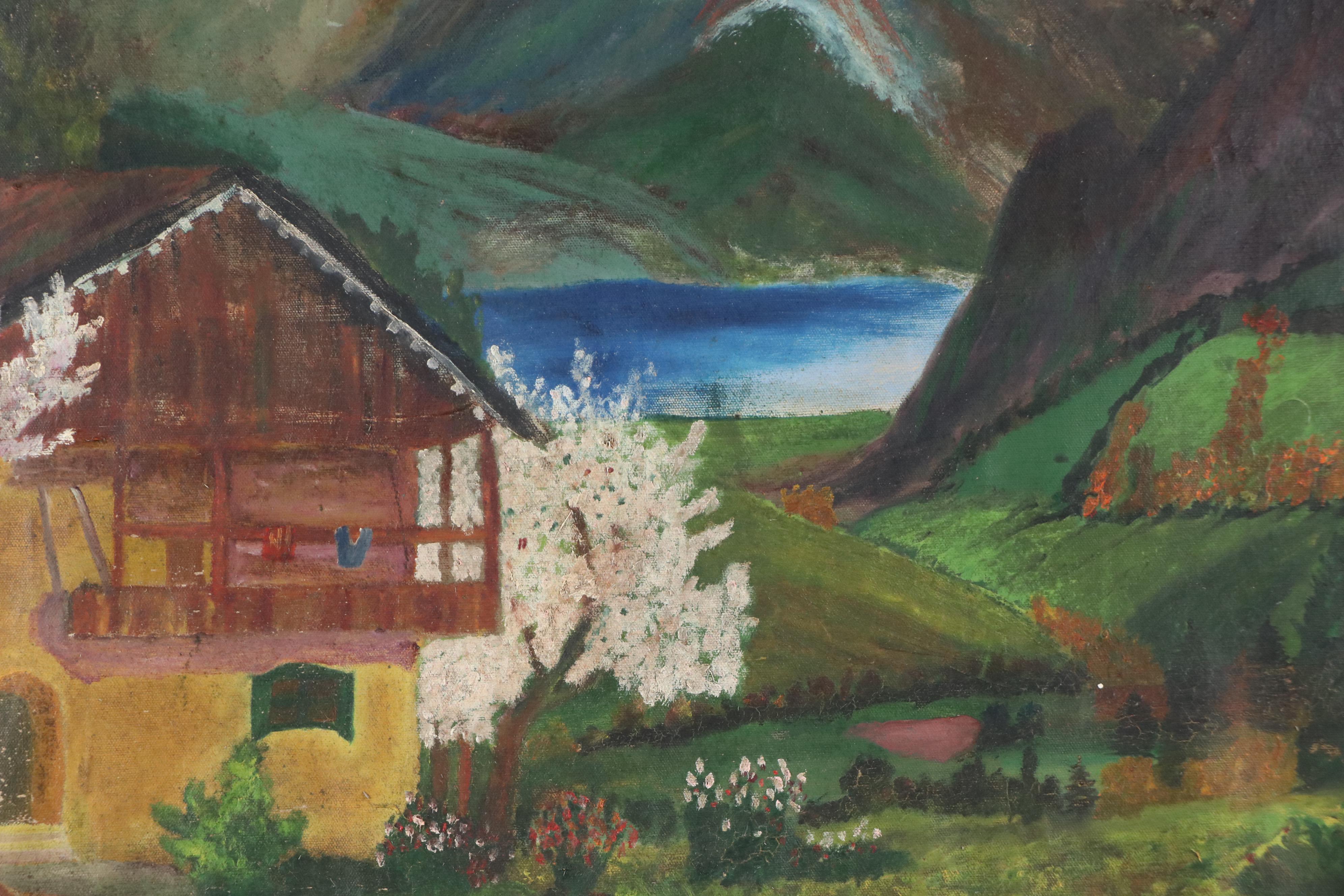 Oil Painting of Mountain Landscape with Lakeside Cabin