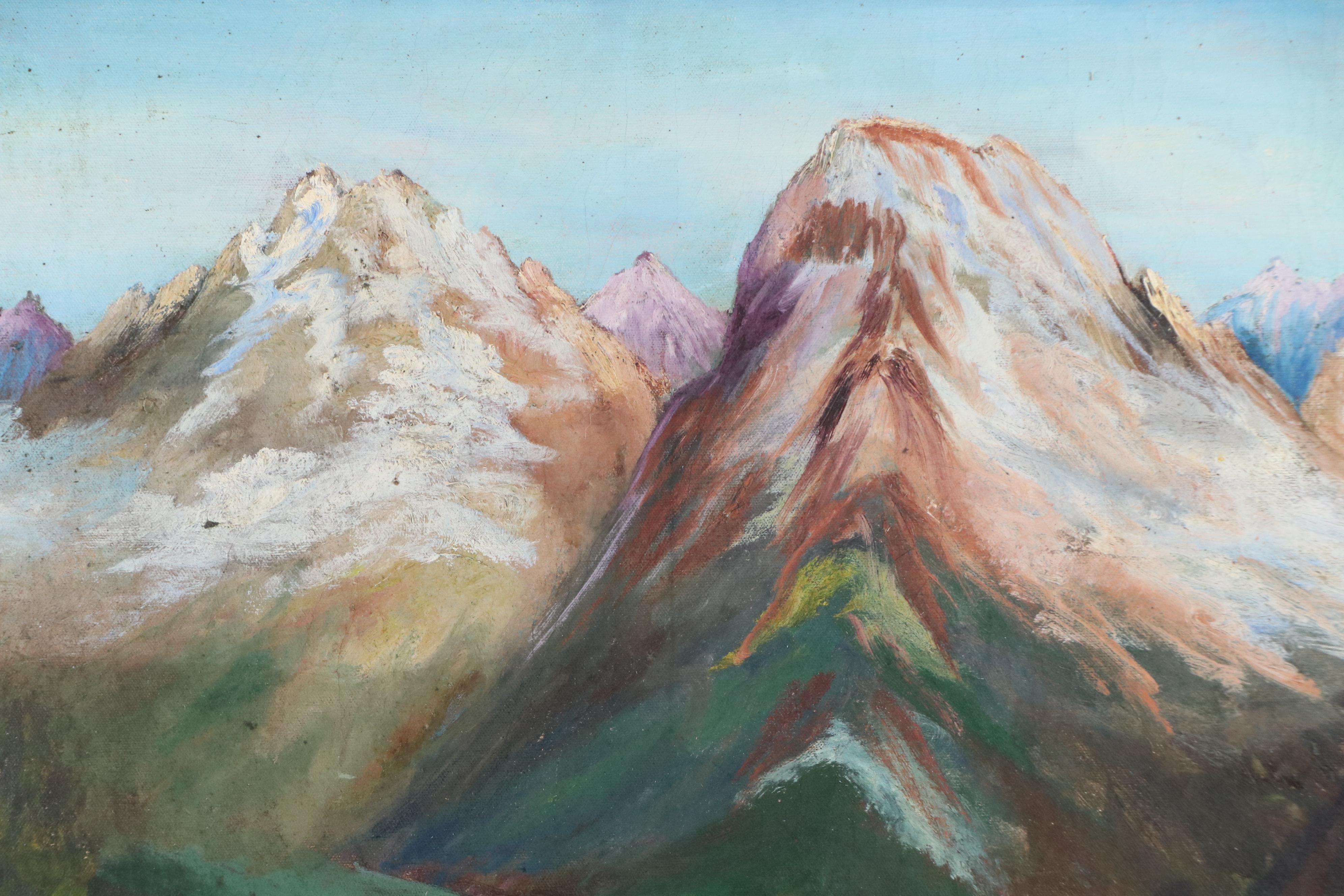 Oil Painting of Mountain Landscape with Lakeside Cabin