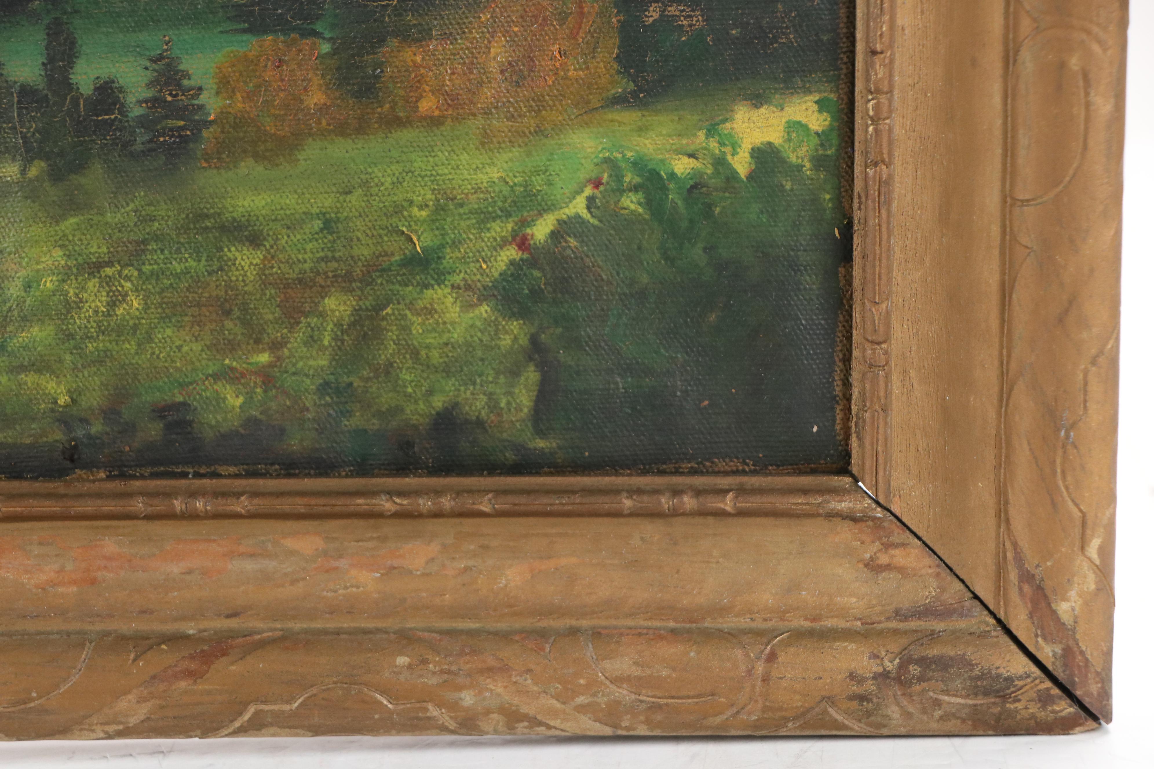 Oil Painting of Mountain Landscape with Lakeside Cabin