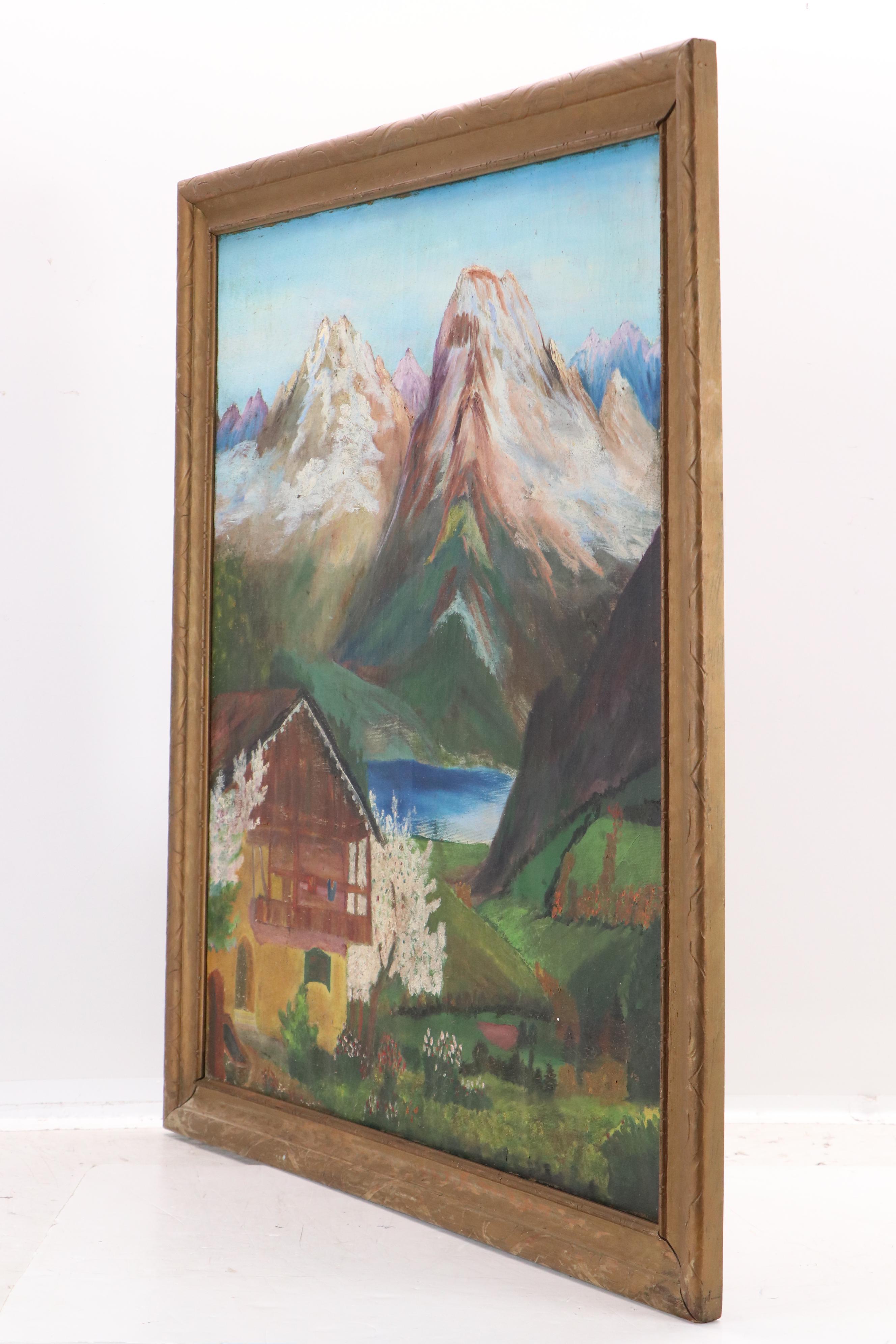 Oil Painting of Mountain Landscape with Lakeside Cabin