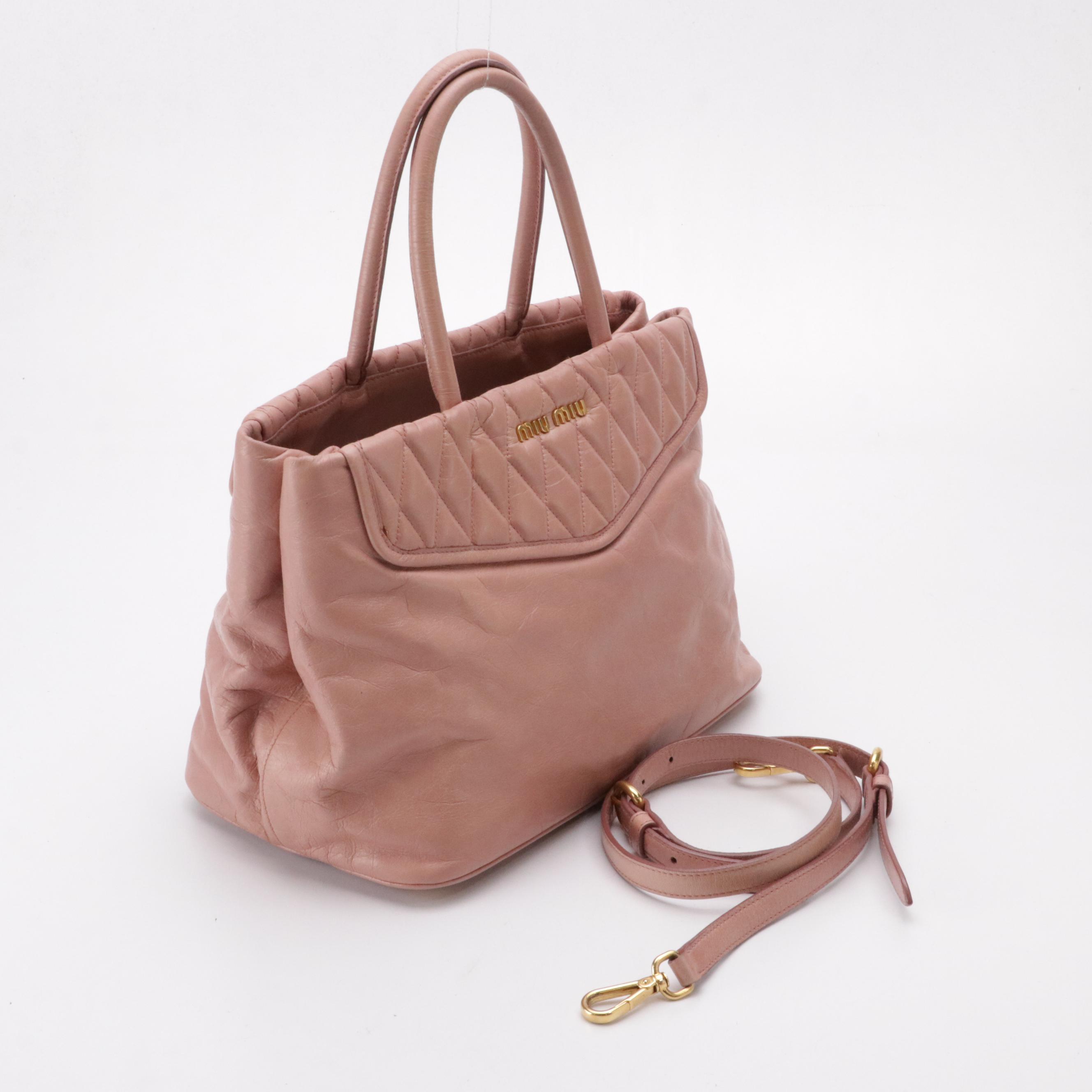 Miu Miu Middle Zip Two-Way Tote in Pink Crinkled Glossy Calfskin Leather