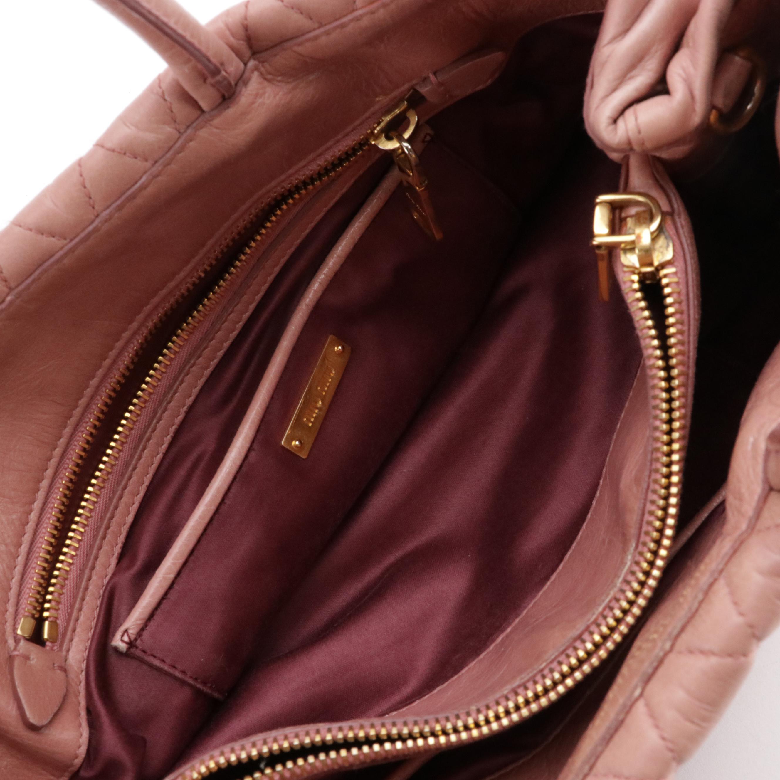 Miu Miu Middle Zip Two-Way Tote in Pink Crinkled Glossy Calfskin Leather