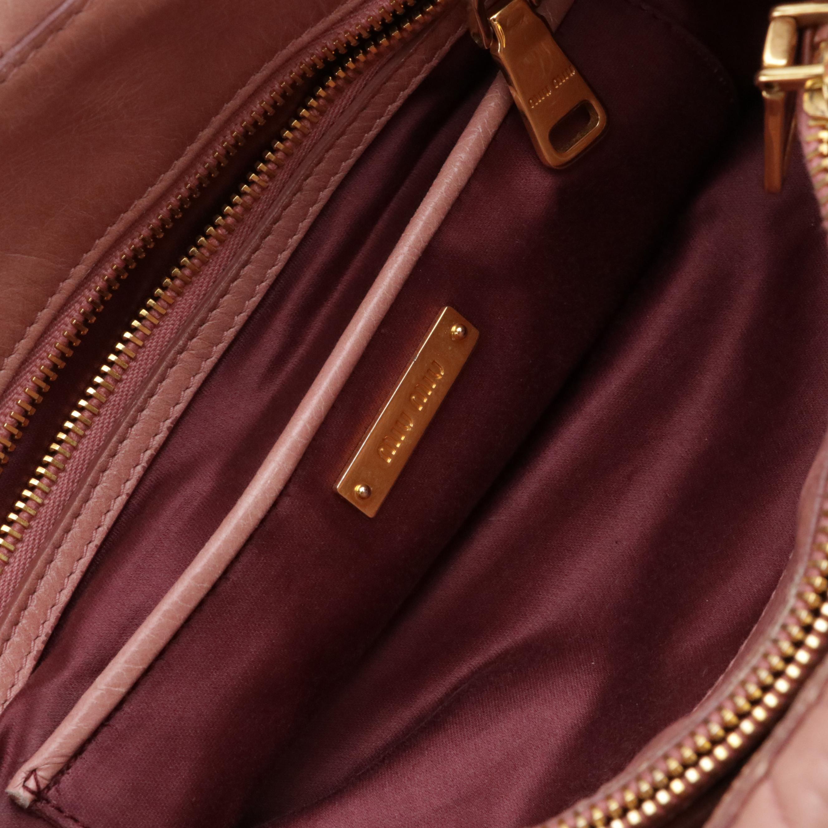 Miu Miu Middle Zip Two-Way Tote in Pink Crinkled Glossy Calfskin Leather