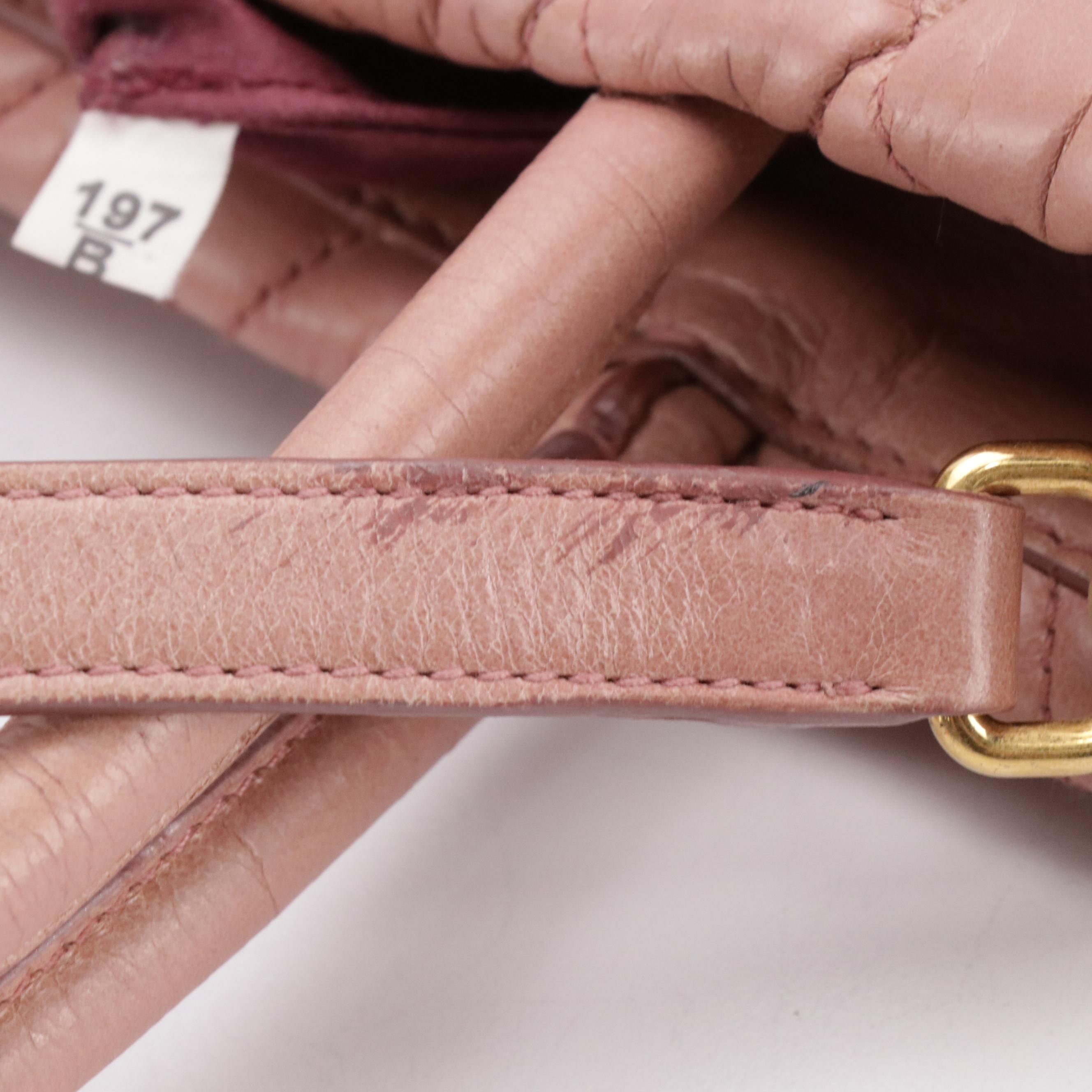 Miu Miu Middle Zip Two-Way Tote in Pink Crinkled Glossy Calfskin Leather