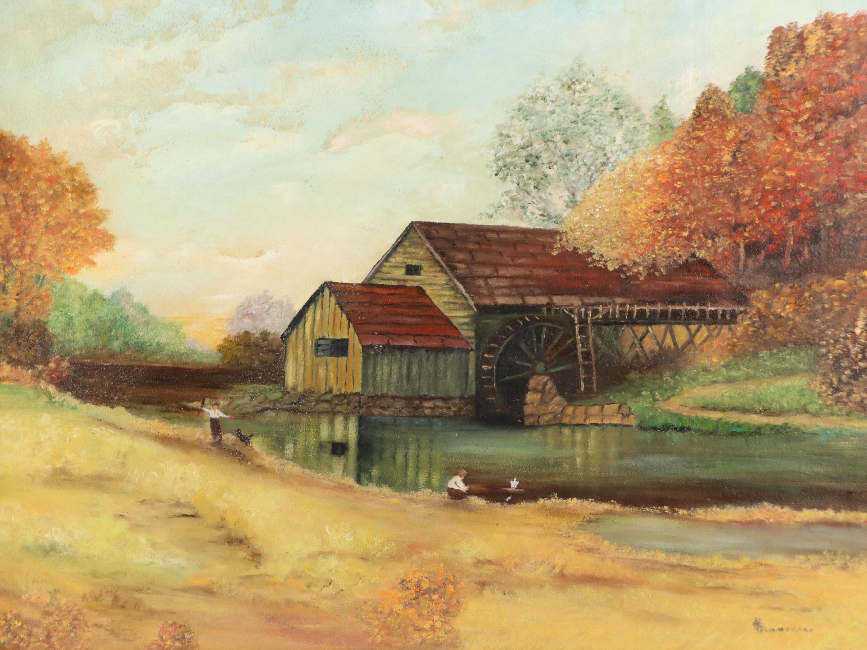 Hammerman Folk Art Oil Painting of Autumnal River Scene with Watermill