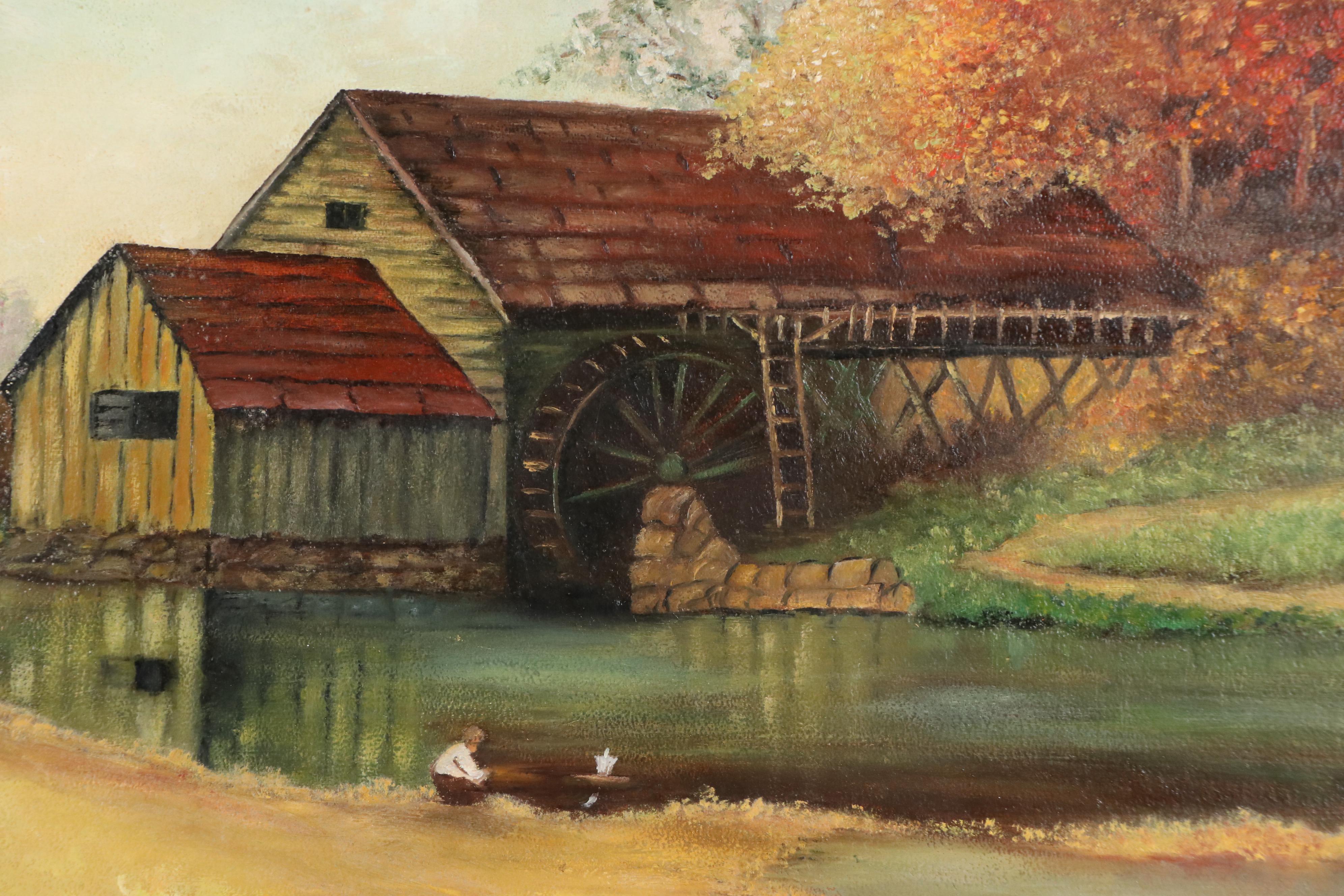 Hammerman Folk Art Oil Painting of Autumnal River Scene with Watermill