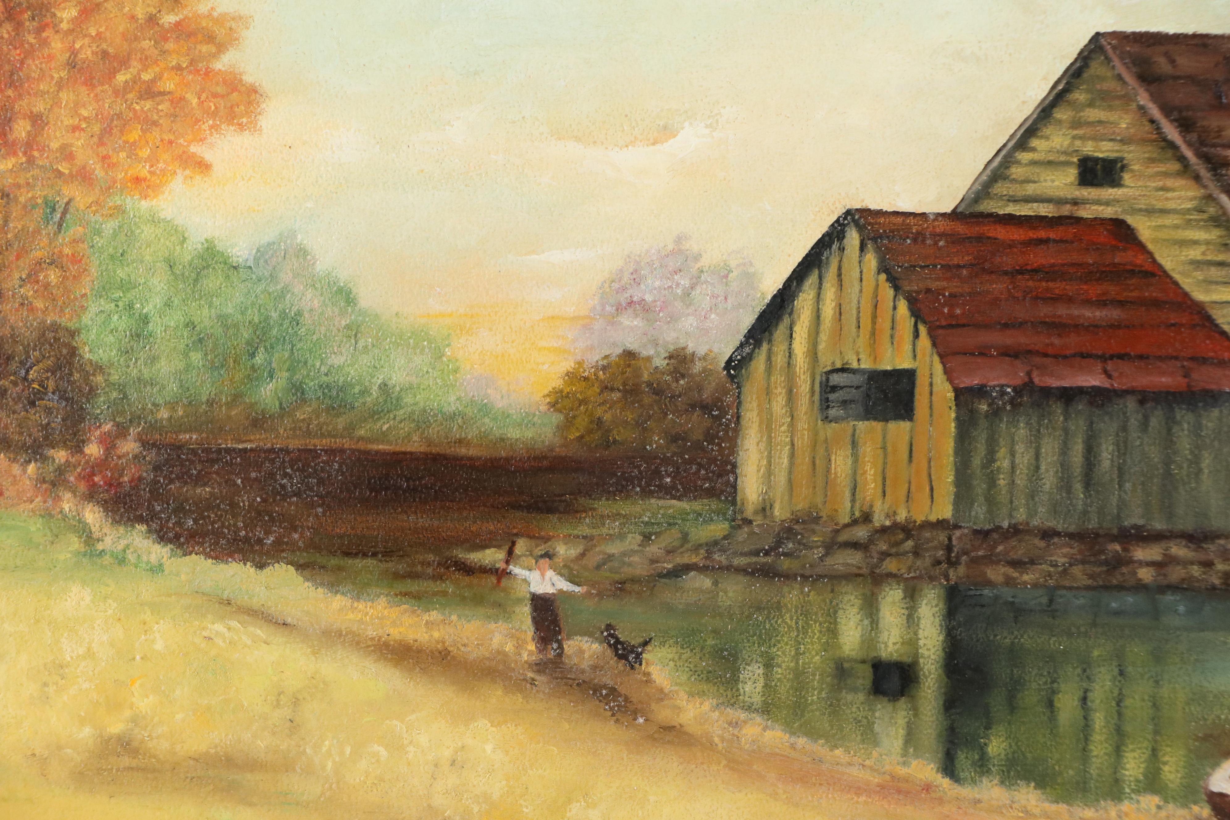 Hammerman Folk Art Oil Painting of Autumnal River Scene with Watermill