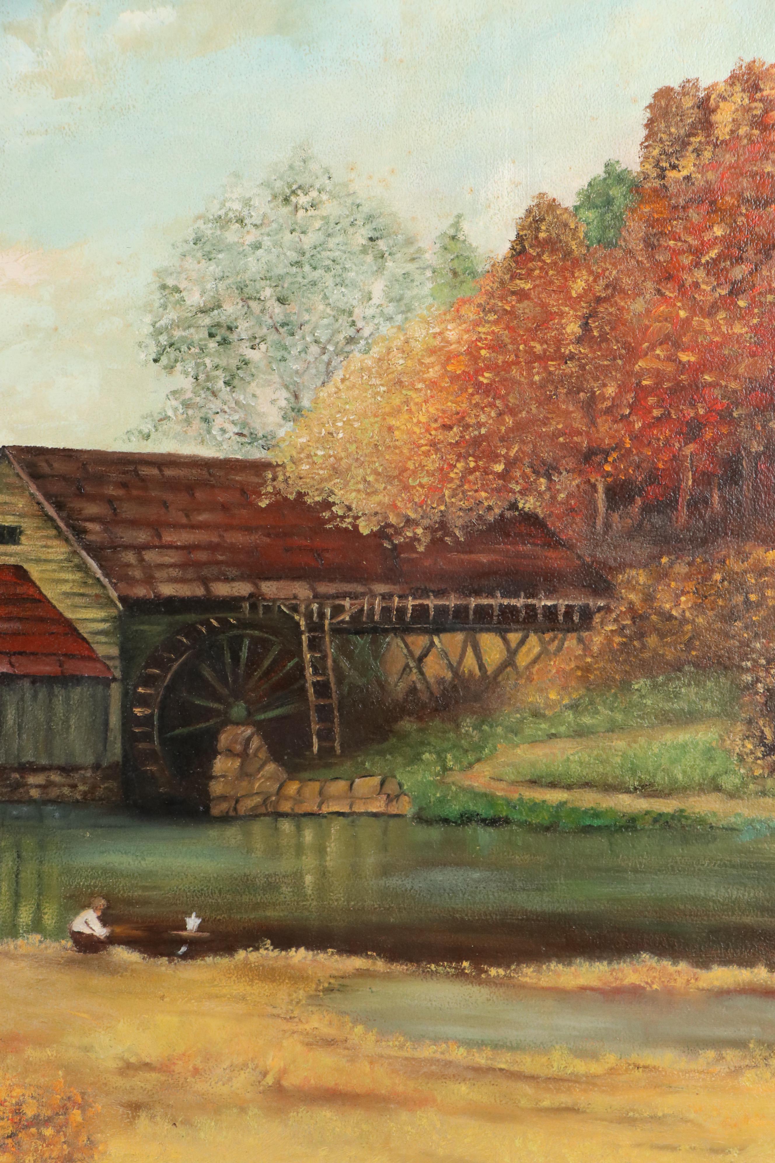 Hammerman Folk Art Oil Painting of Autumnal River Scene with Watermill