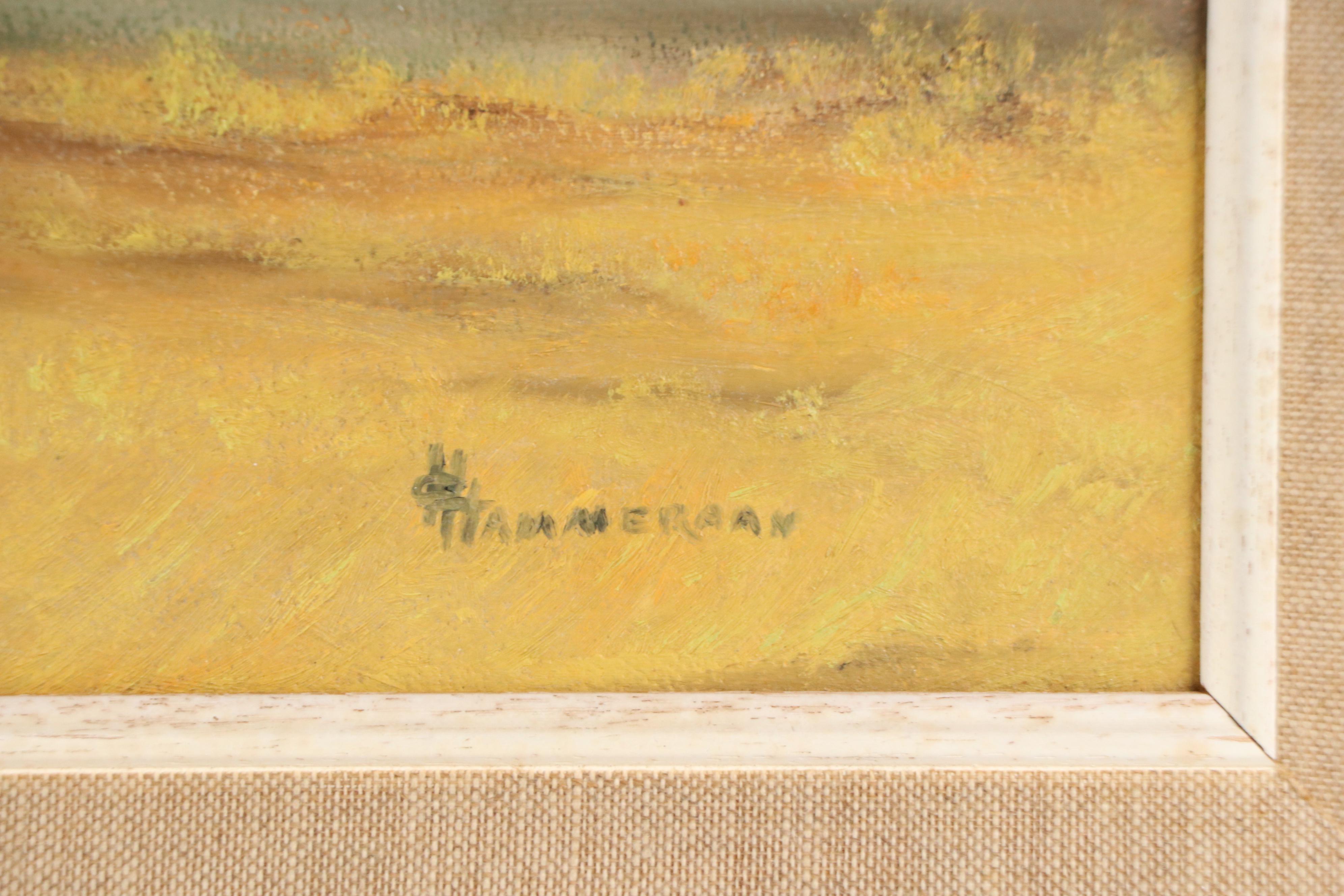 Hammerman Folk Art Oil Painting of Autumnal River Scene with Watermill