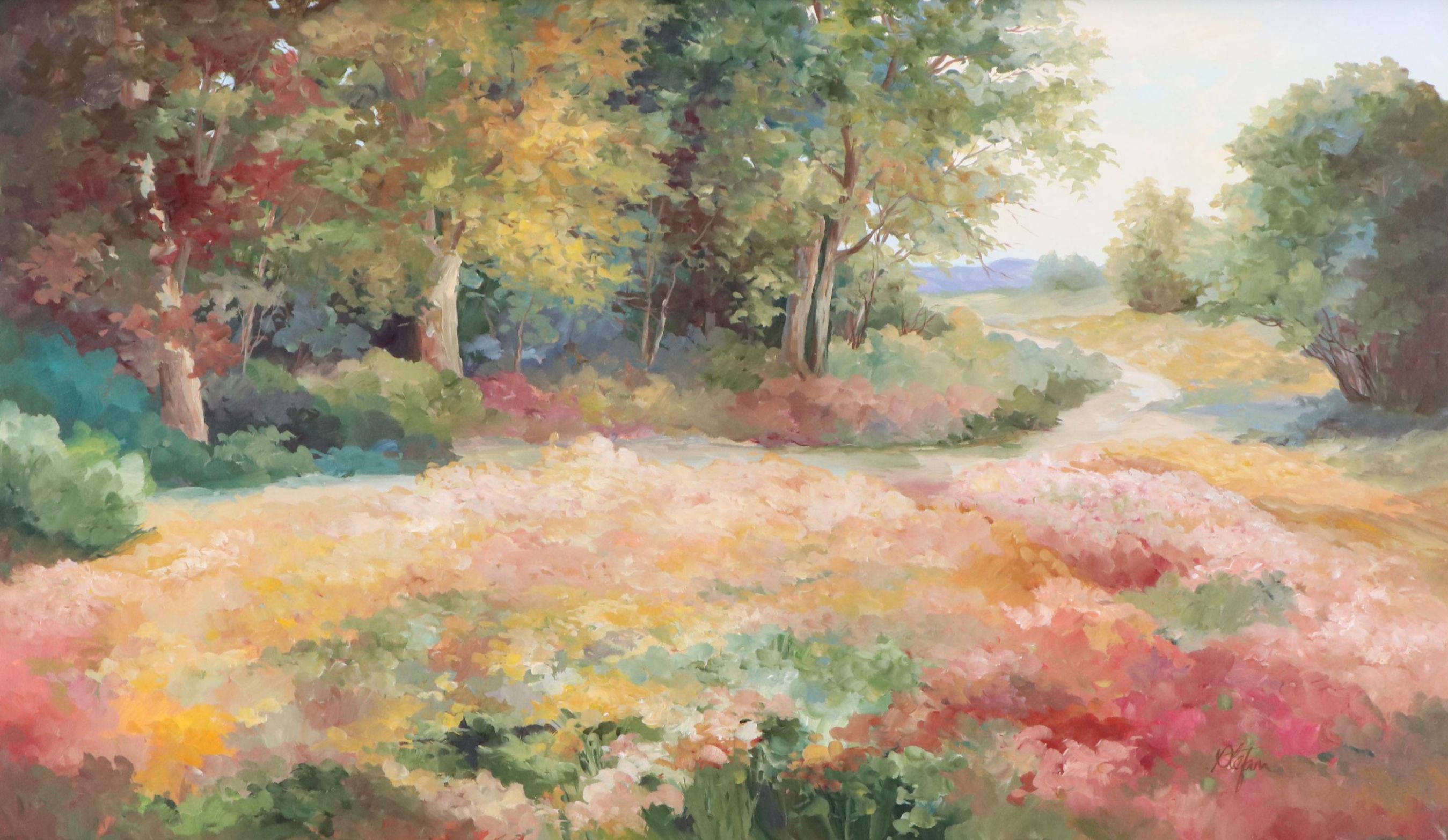 Floral Spring Landscape Acrylic Painting, Circa 2000