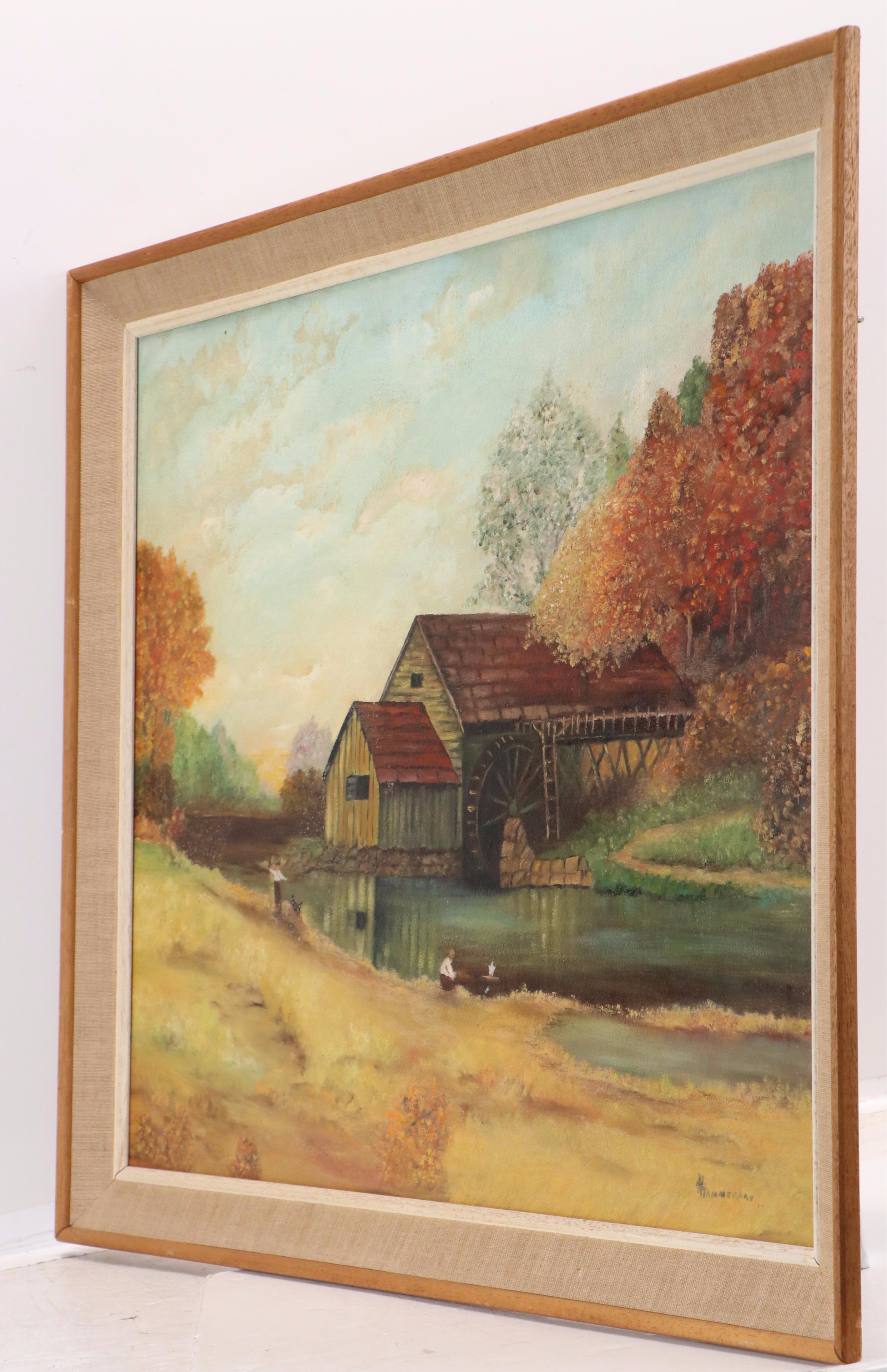 Hammerman Folk Art Oil Painting of Autumnal River Scene with Watermill