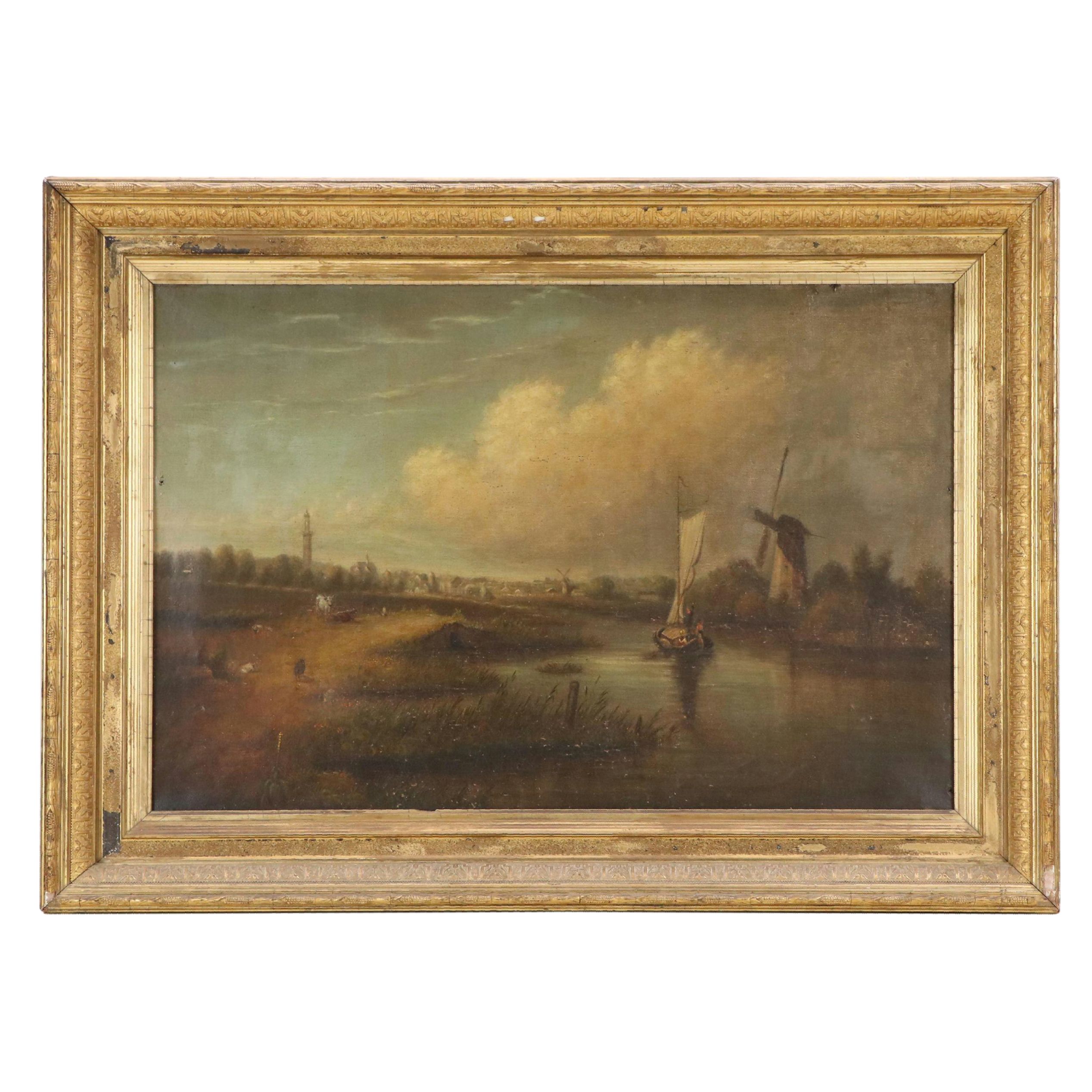 Continental School Oil Painting of Pastoral Riverside Landscape, Circa 1900