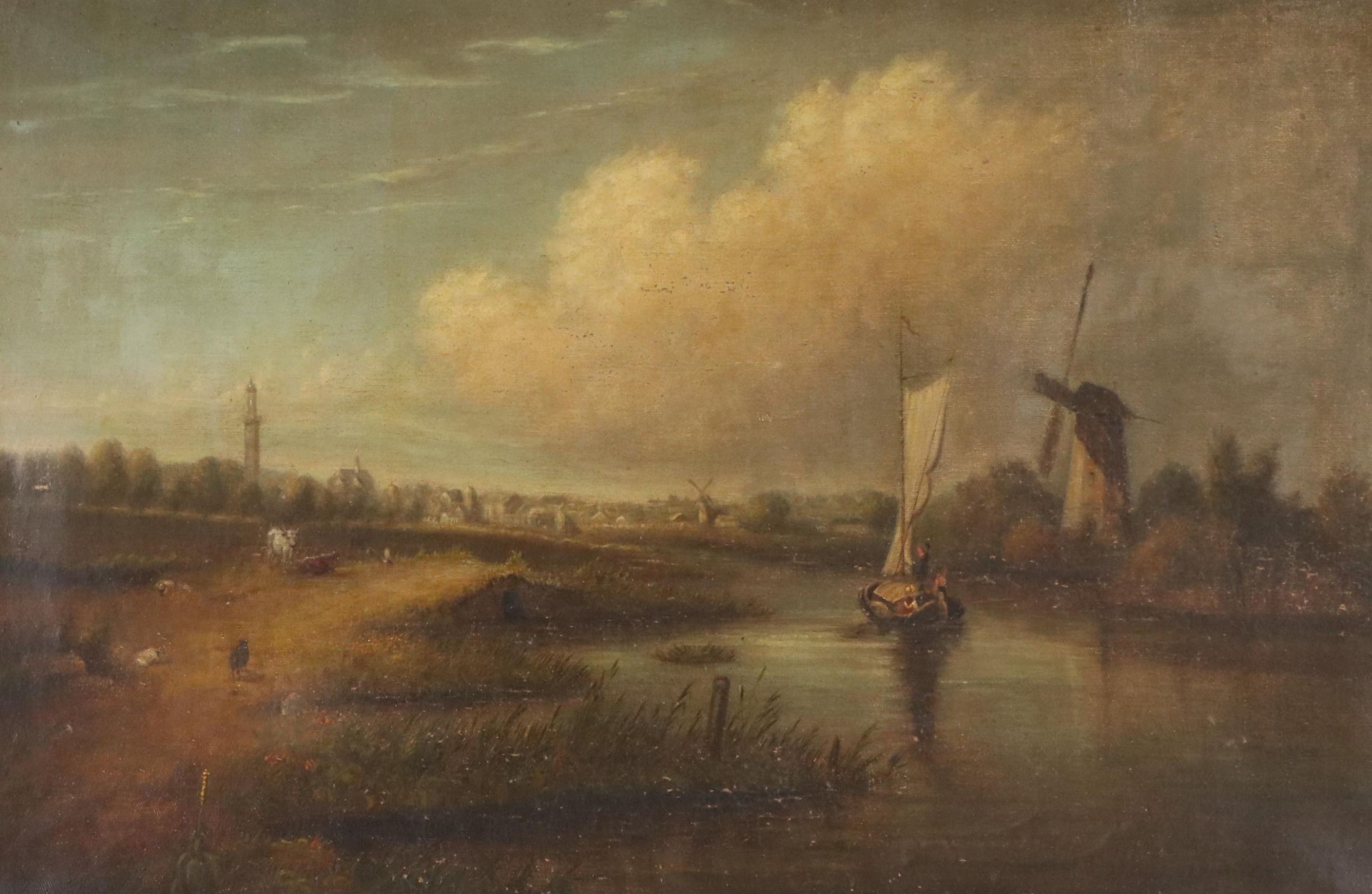 Continental School Oil Painting of Pastoral Riverside Landscape, Circa 1900