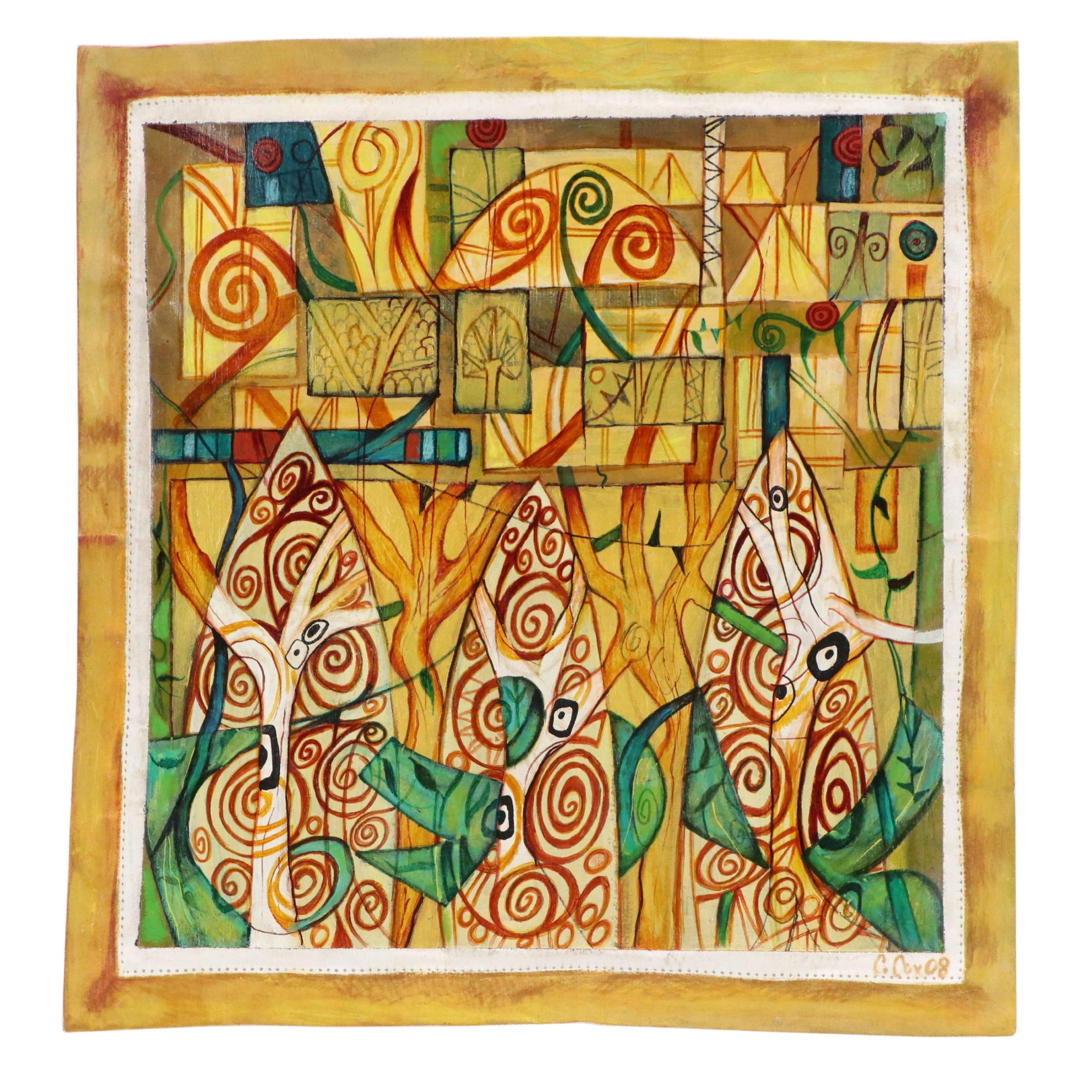 Abstract Landscape With Trees Mixed Media Painting, 2008