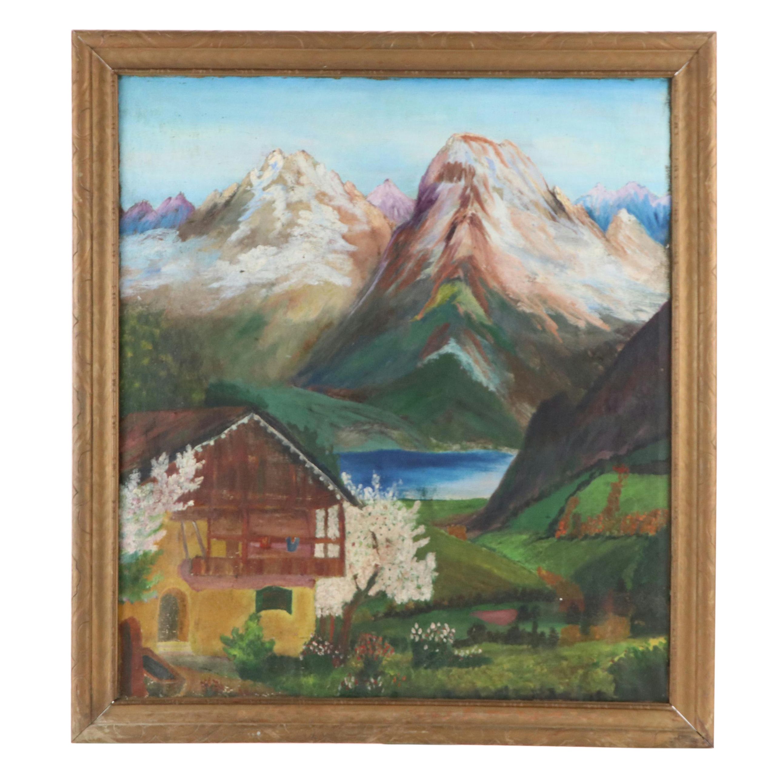 Oil Painting of Mountain Landscape with Lakeside Cabin