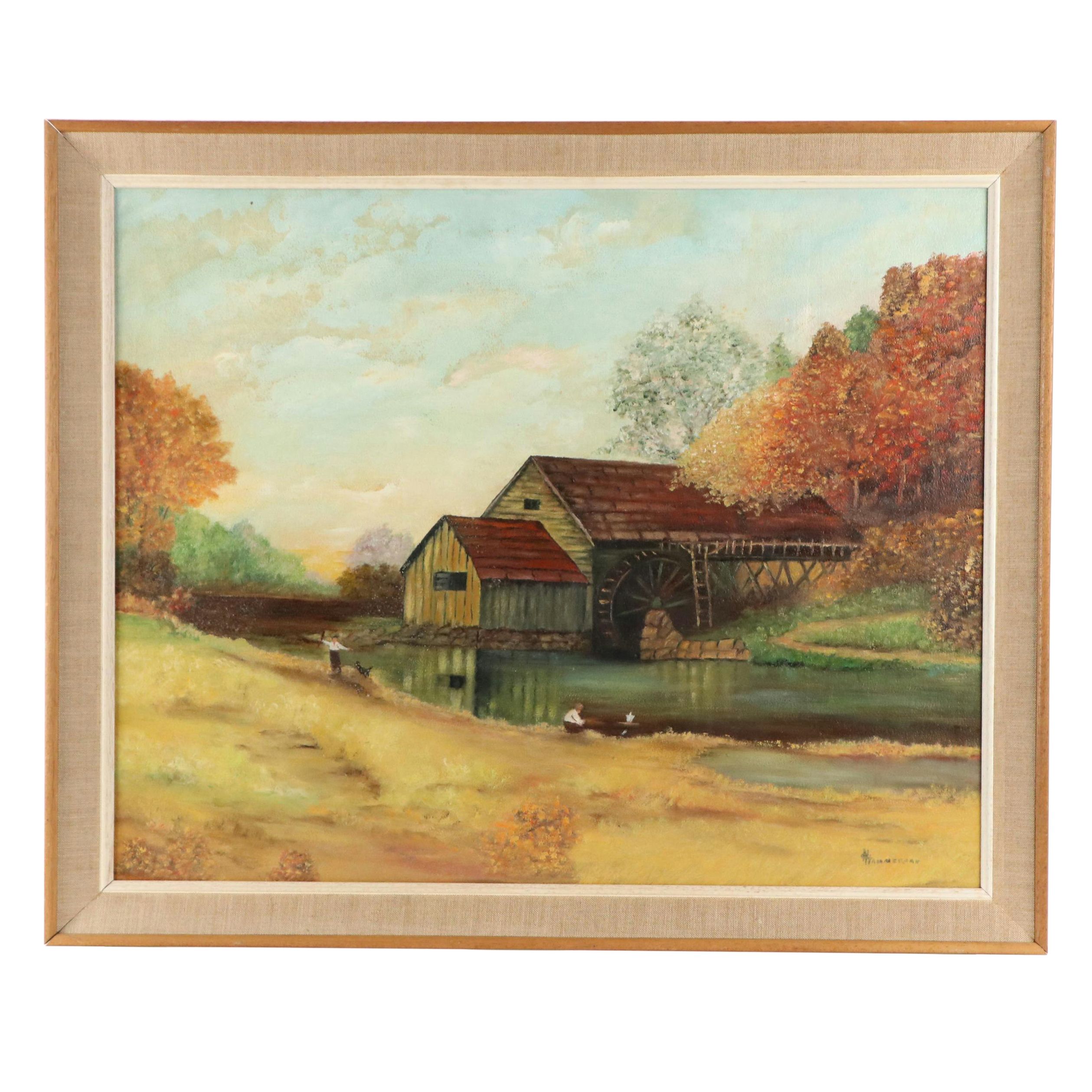 Hammerman Folk Art Oil Painting of Autumnal River Scene with Watermill