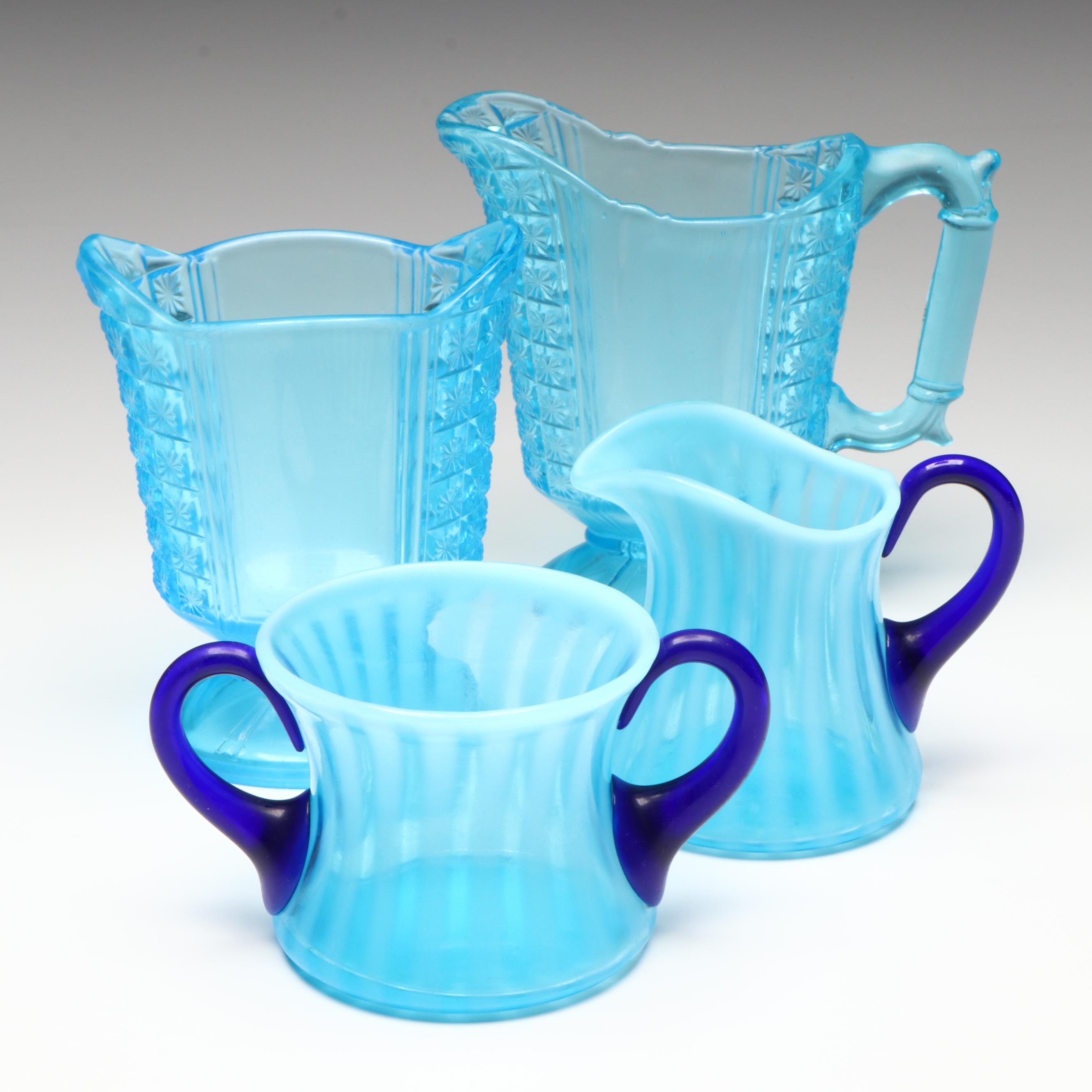 Striped Blue Fenton Glass and Other Pitcher and Sugar Bowl