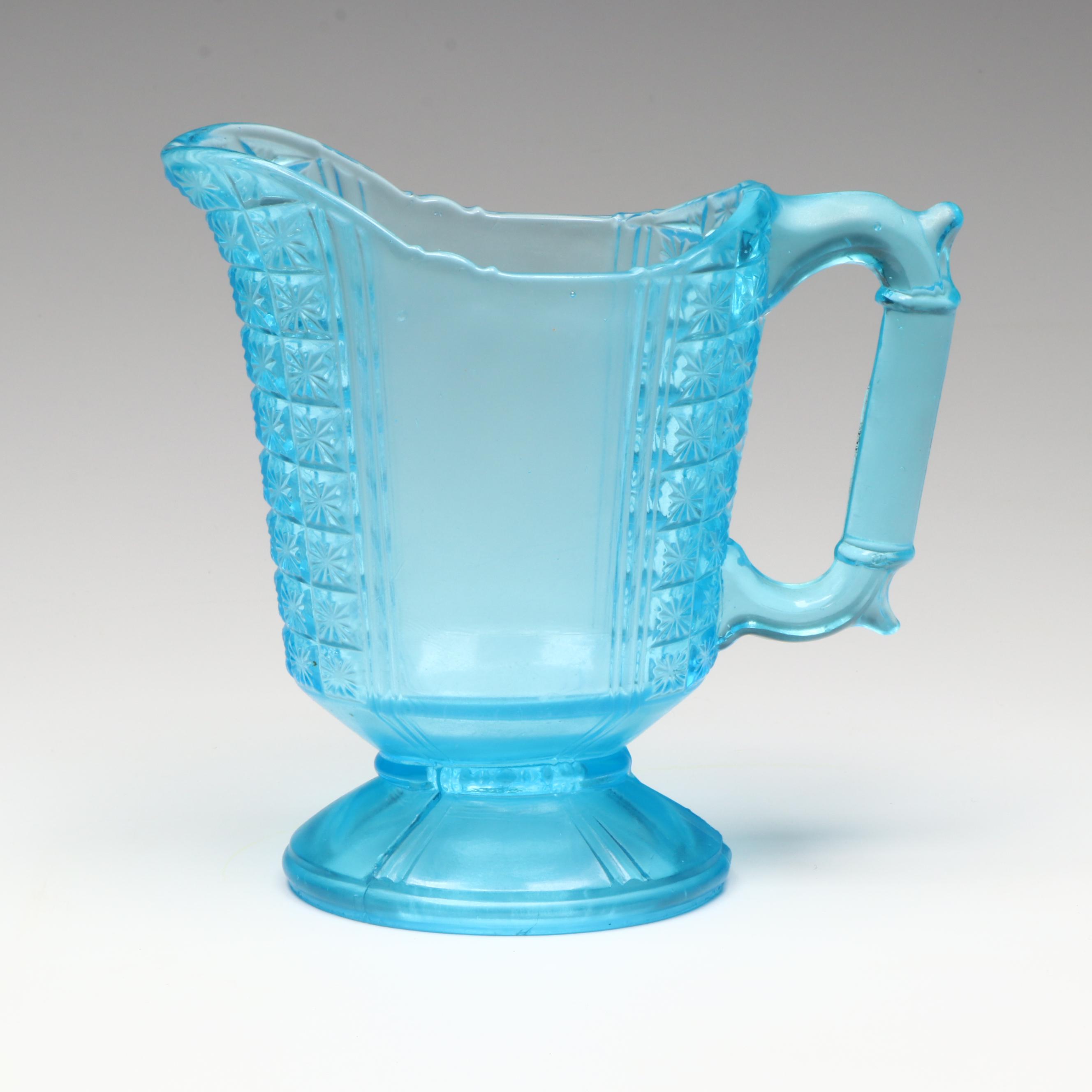 Striped Blue Fenton Glass and Other Pitcher and Sugar Bowl