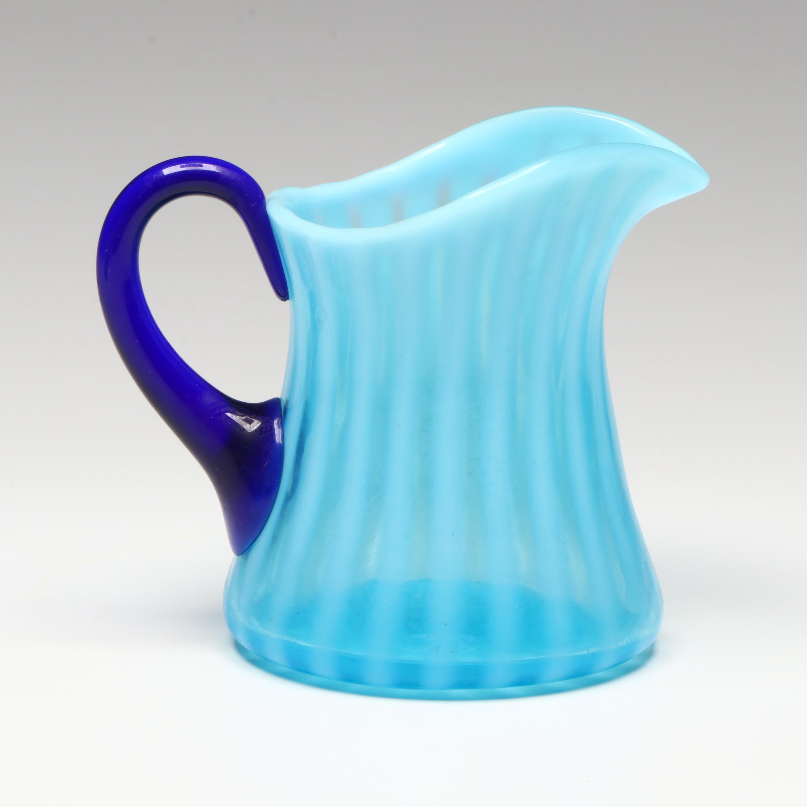 Striped Blue Fenton Glass and Other Pitcher and Sugar Bowl
