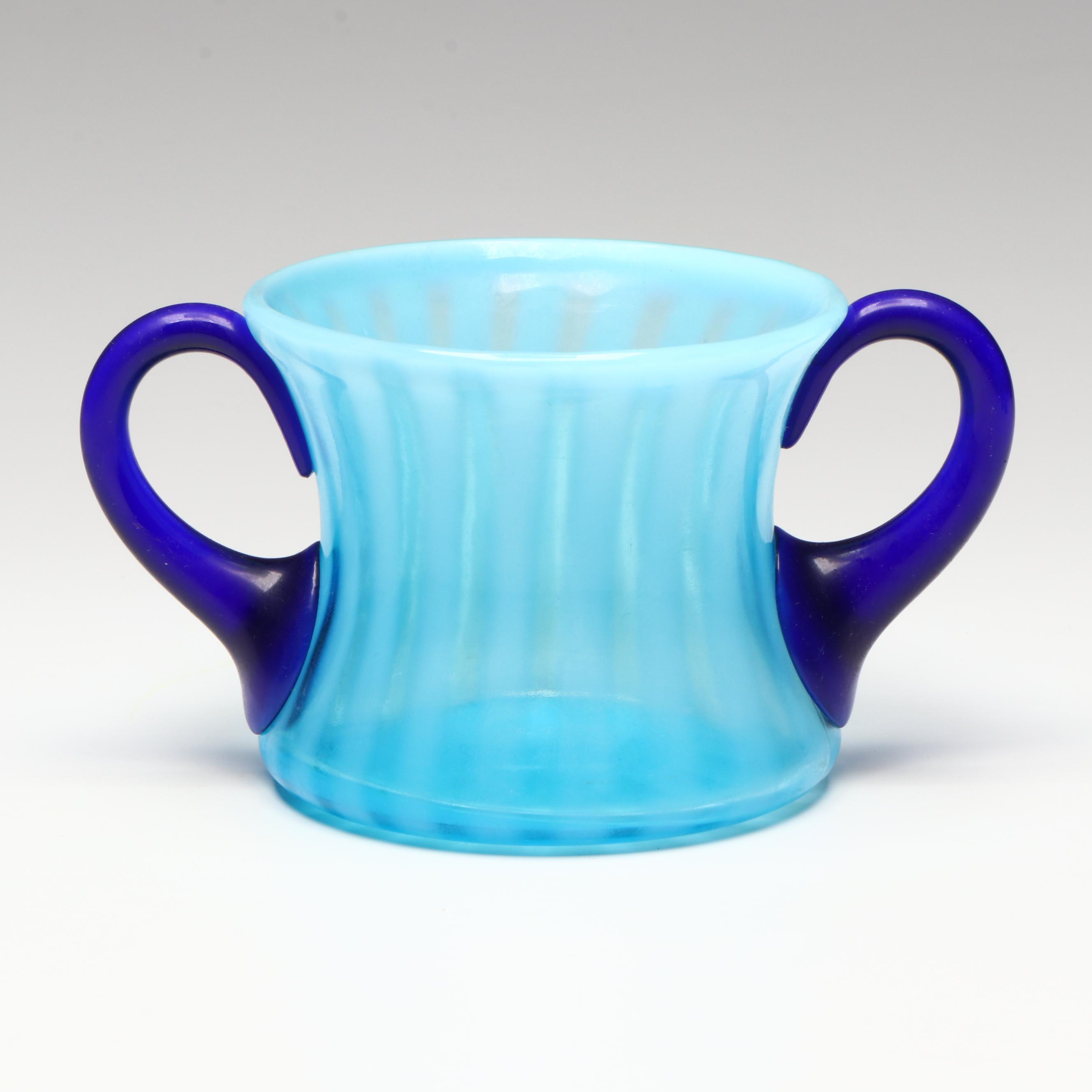 Striped Blue Fenton Glass and Other Pitcher and Sugar Bowl